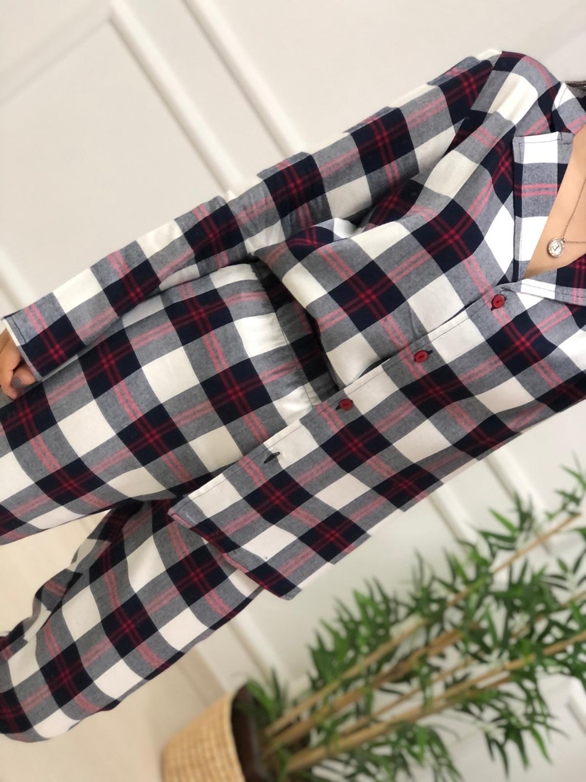 Ekose Desen Pijama Takımı-Lacivert-Bordo