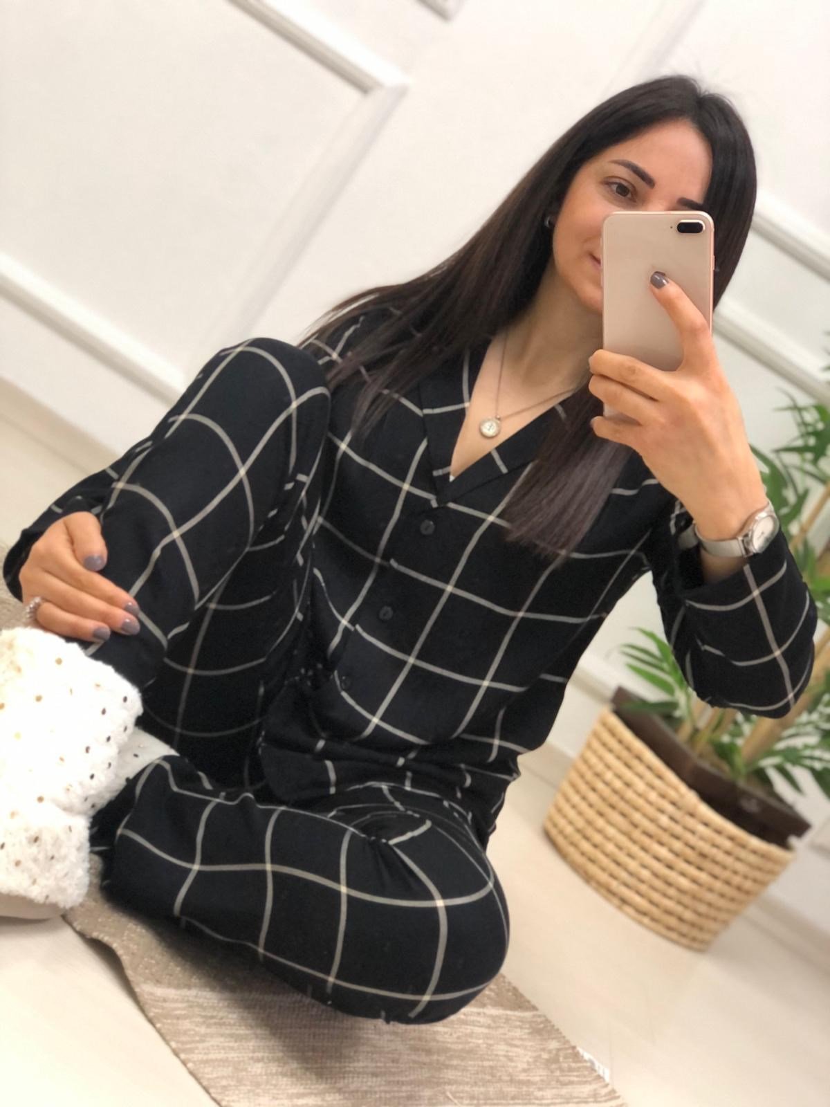 Ekose Desen Pijama Takımı-Siyah