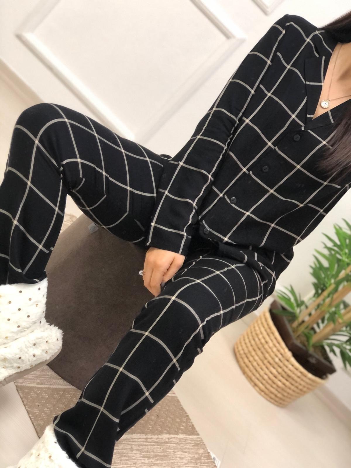 Ekose Desen Pijama Takımı-Siyah