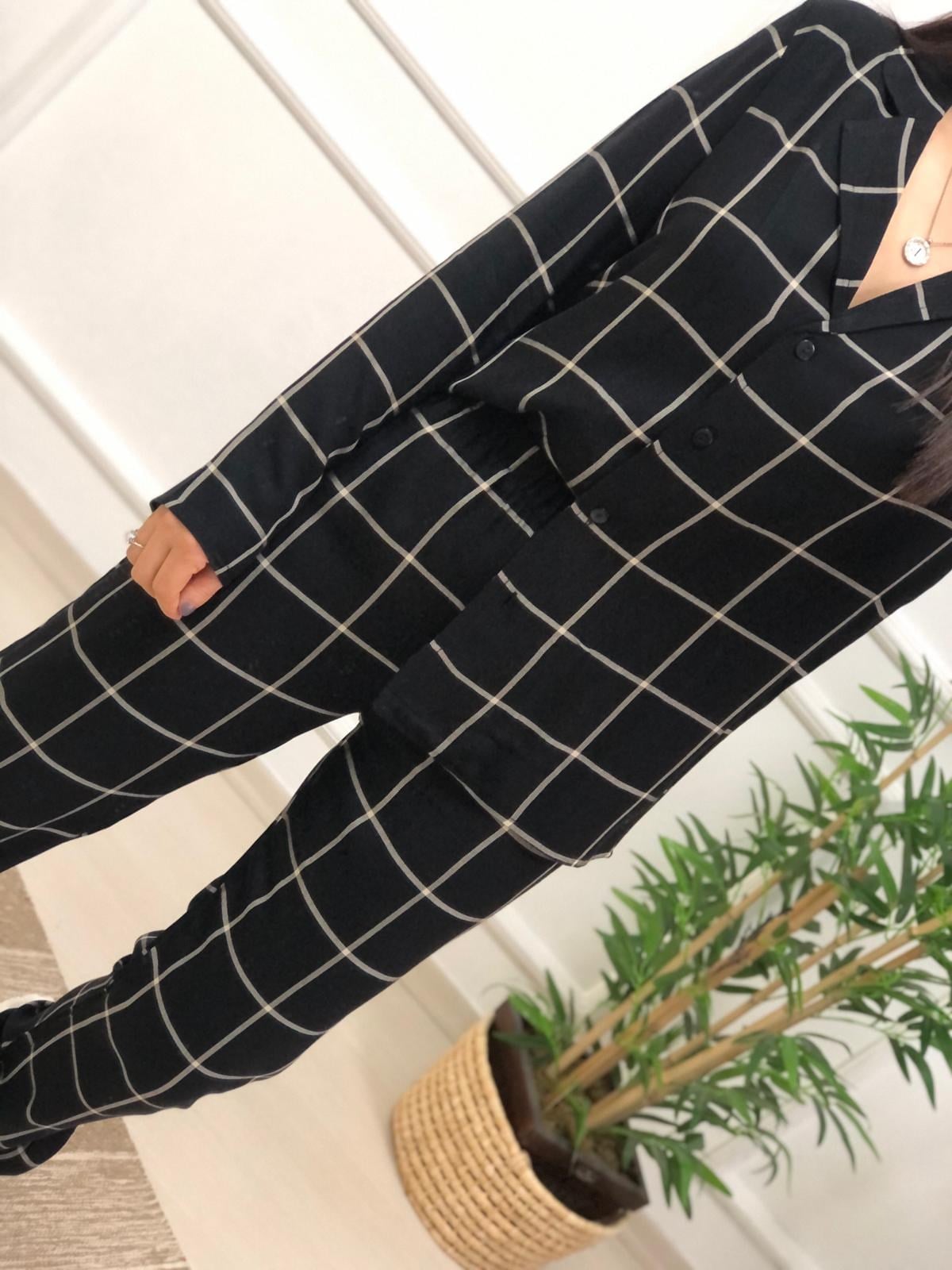 Ekose Desen Pijama Takımı-Siyah