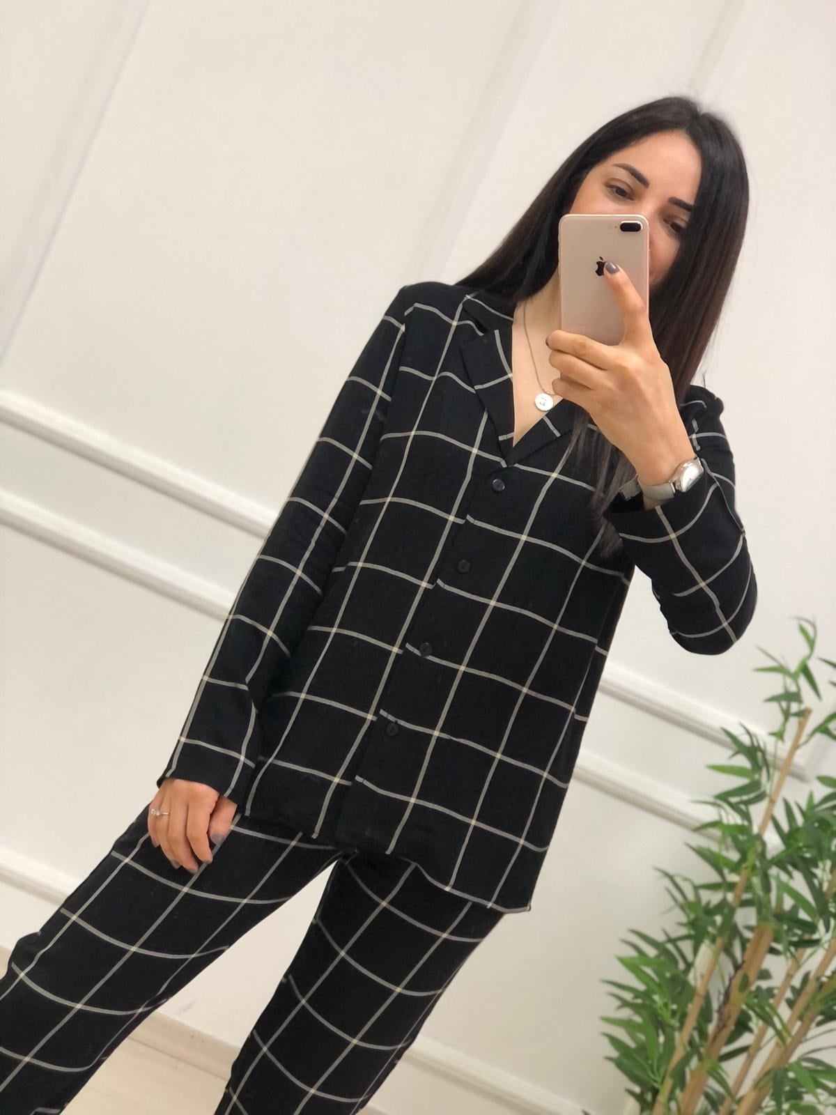 Ekose Desen Pijama Takımı-Siyah