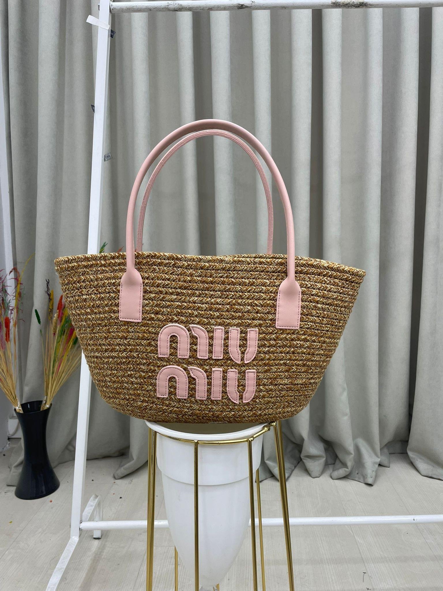 Kadın Miu Miu Yazılı Hasır Çanta-Pudra