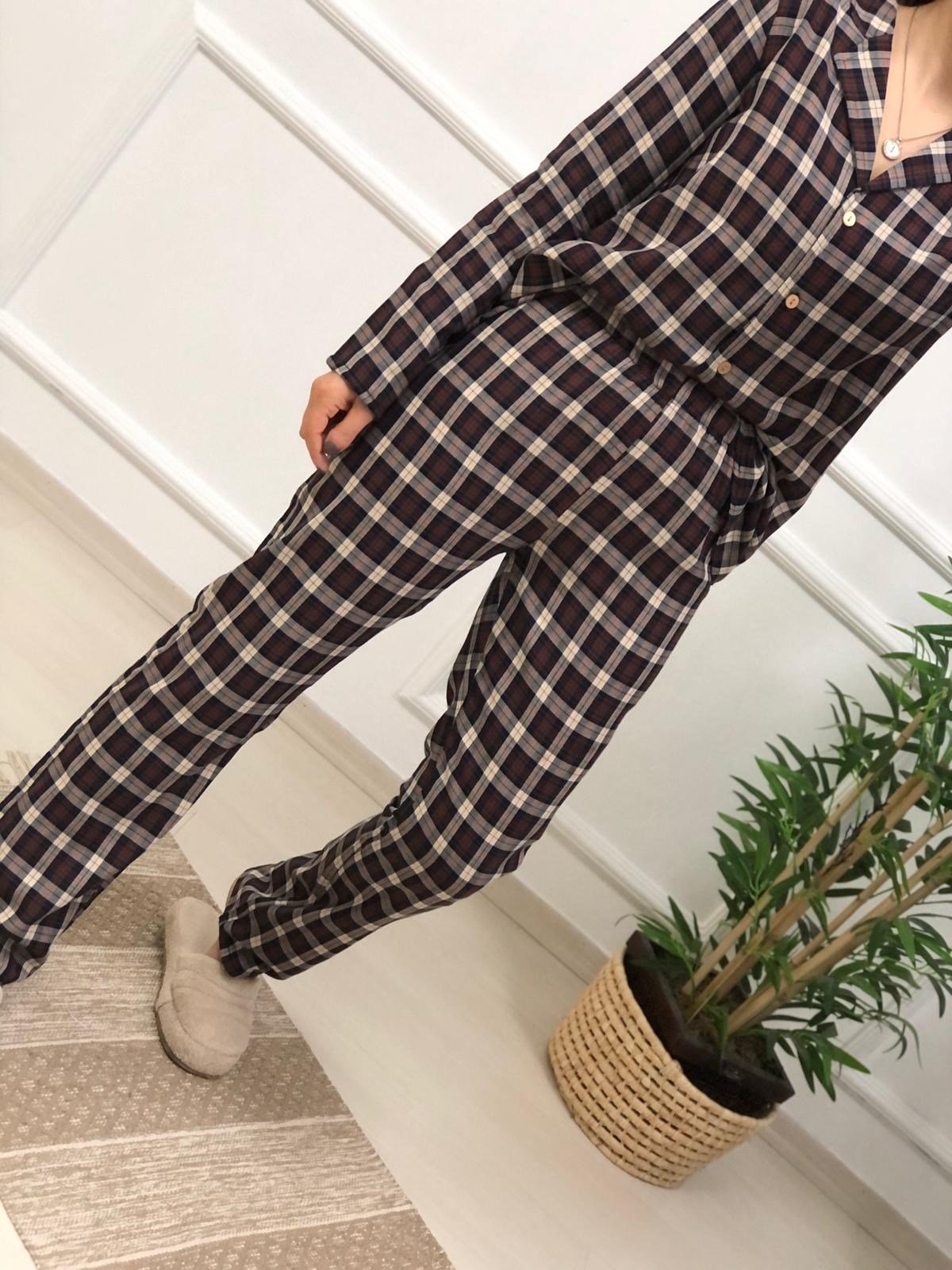 Kahve Ekose Desen Pijama Takımı-Kahve