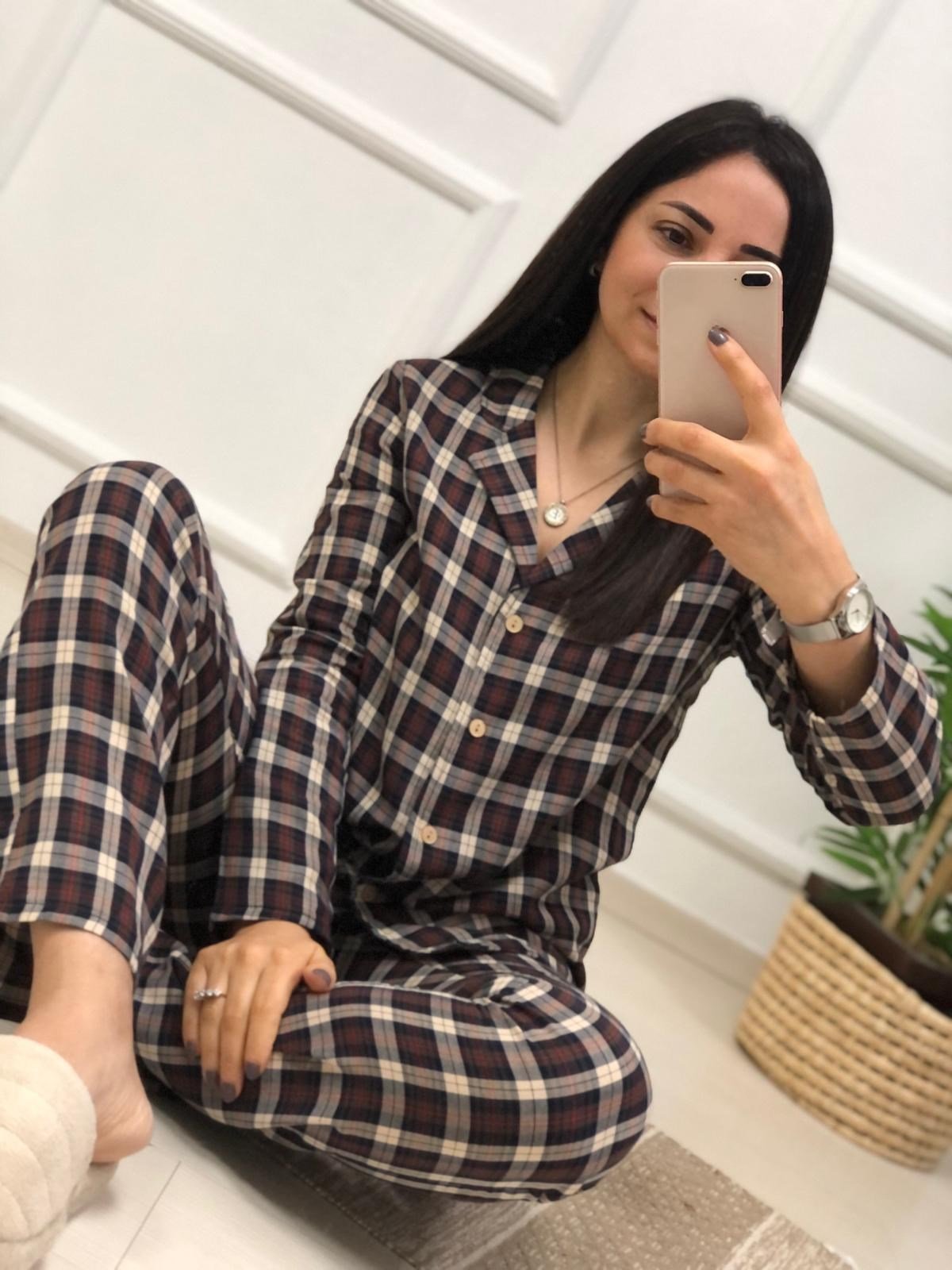 Kahve Ekose Desen Pijama Takımı-Kahve
