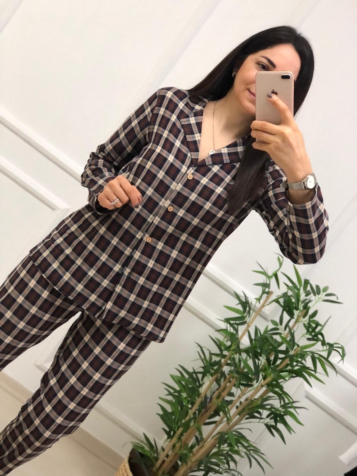 Kahve Ekose Desen Pijama Takımı-Kahve