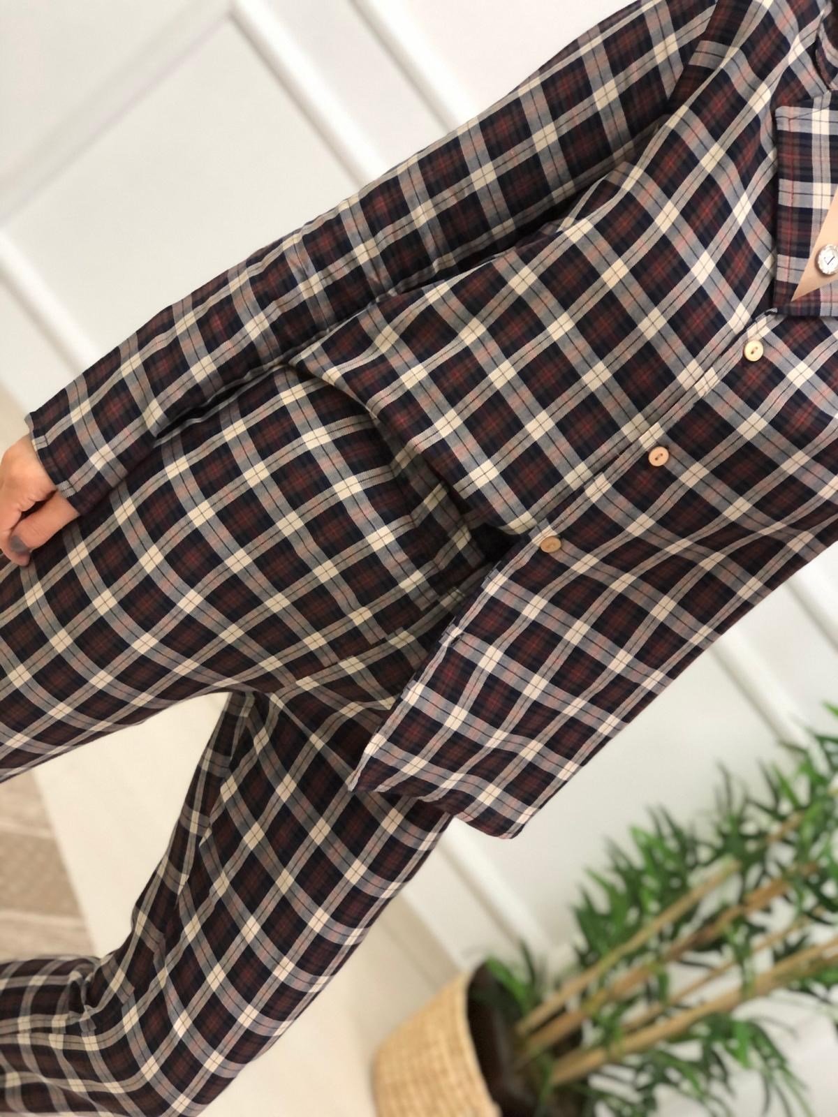 Kahve Ekose Desen Pijama Takımı-Kahve