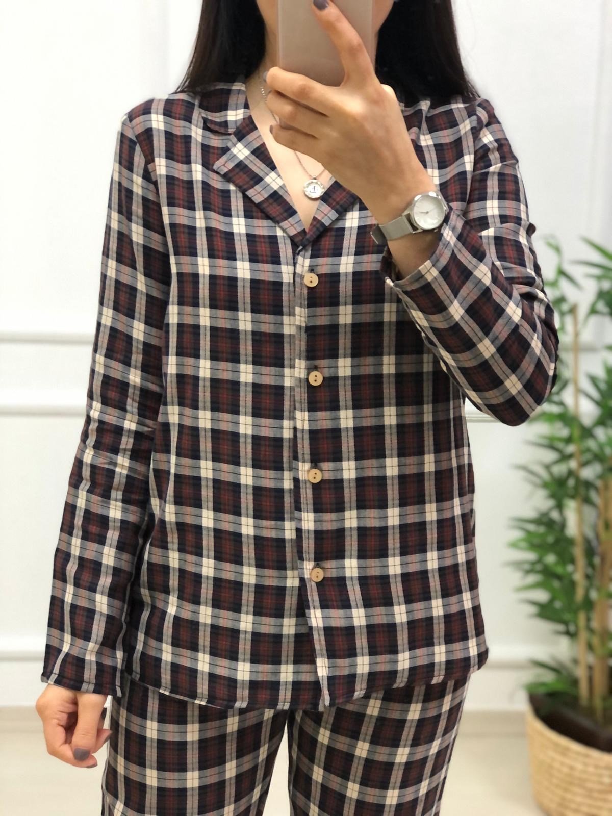 Kahve Ekose Desen Pijama Takımı-Kahve