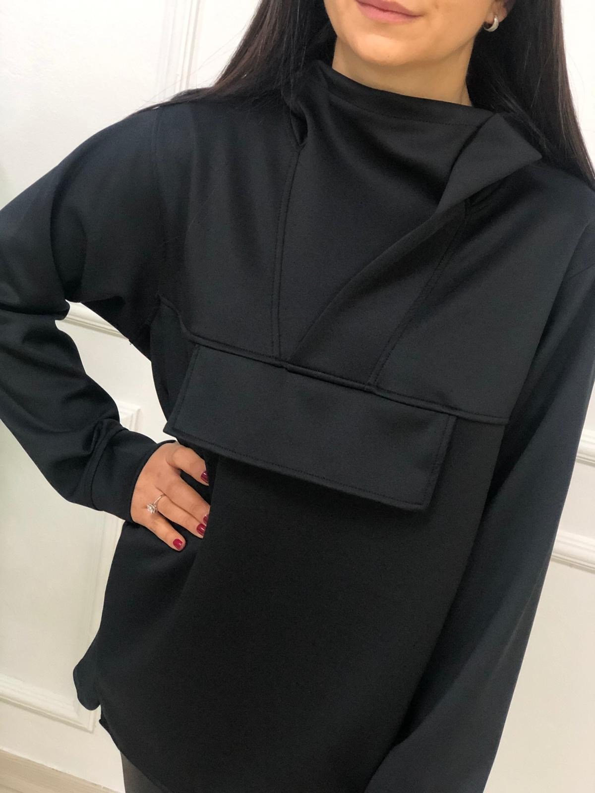 Kapüşonlu Dalgıç Kumaş Sweat-Siyah