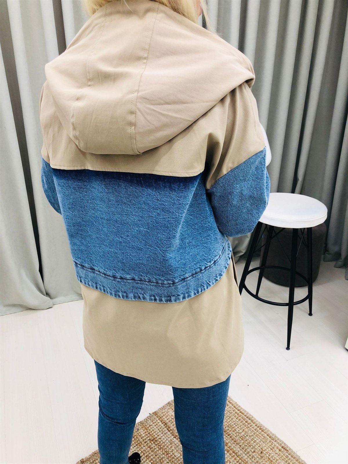 Kapüşonlu Denim Parçalı Mevsimlik Ceket-Bej