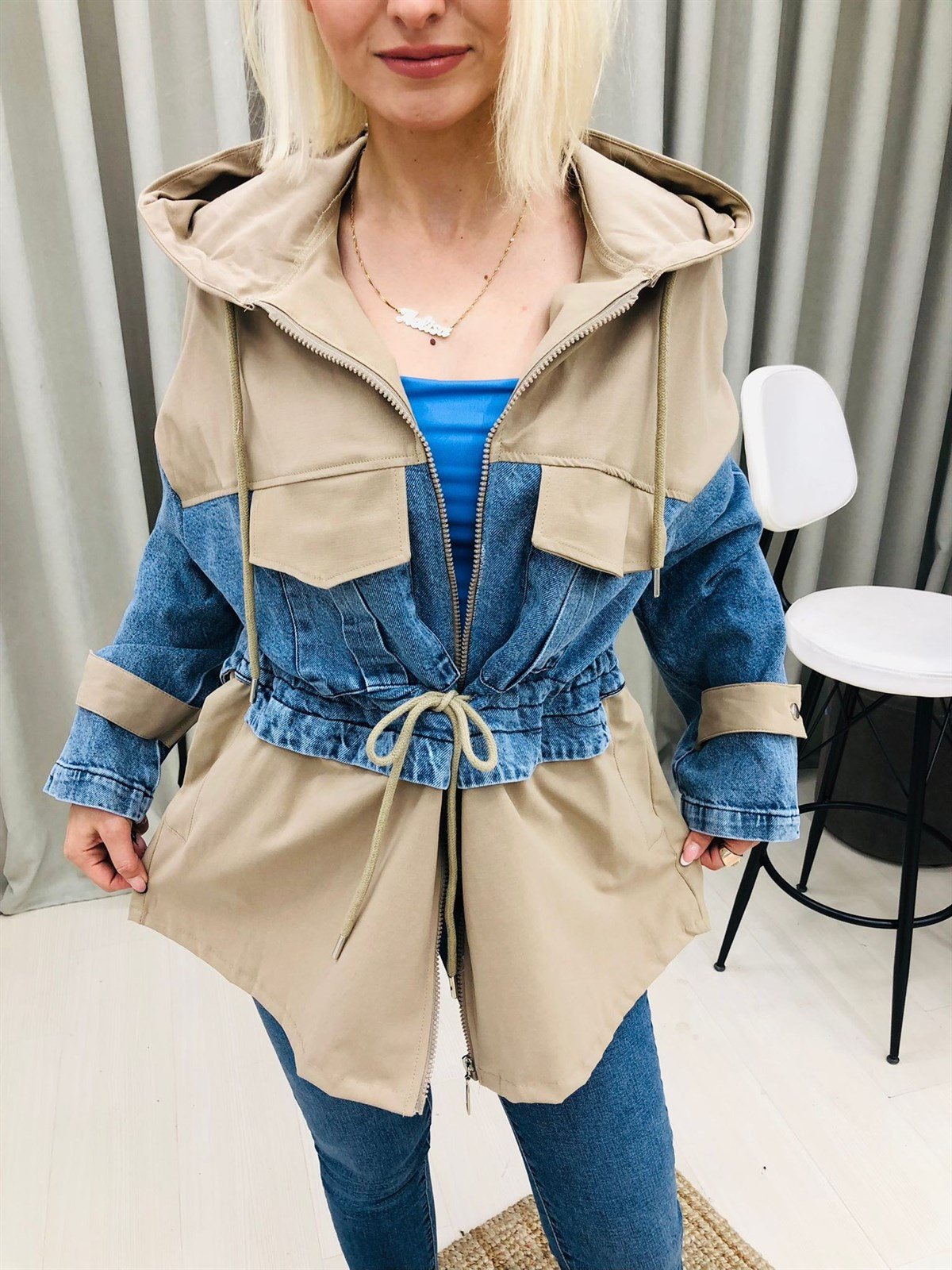 Kapüşonlu Denim Parçalı Mevsimlik Ceket-Bej