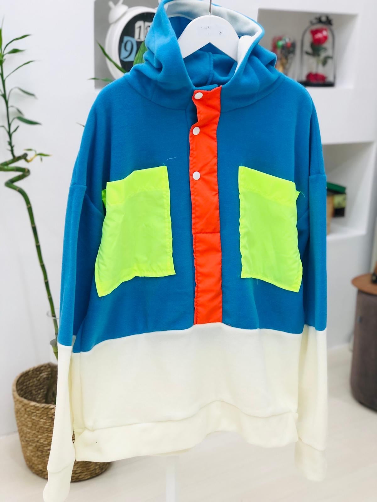 Kapüşonlu Düğmeli Yumoş Sweatshirt-Mavi