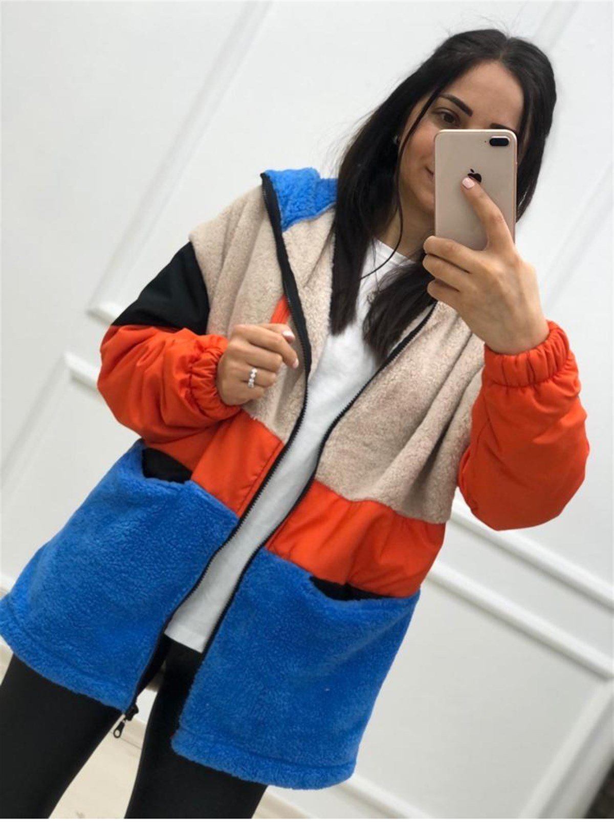 Kapüşonlu Önü Fermuarlı Peluş Detaylı Sweatshirt-Mavi