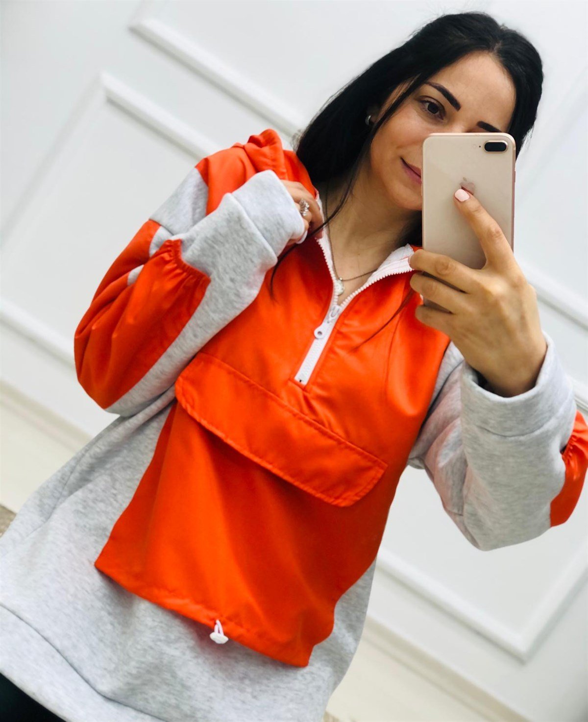 Kapüşonlu Uzun Sweatshirt-Oranj