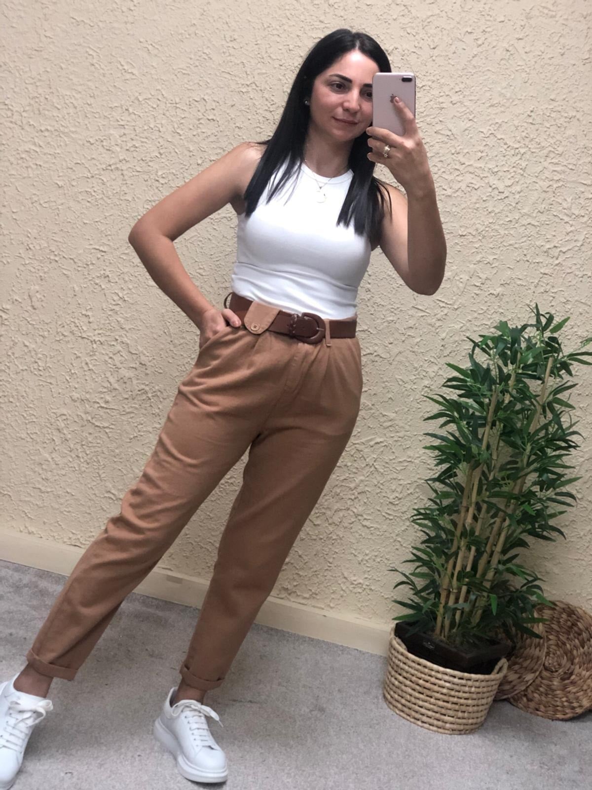 Kemerli Canvas Pantolon-Camel
