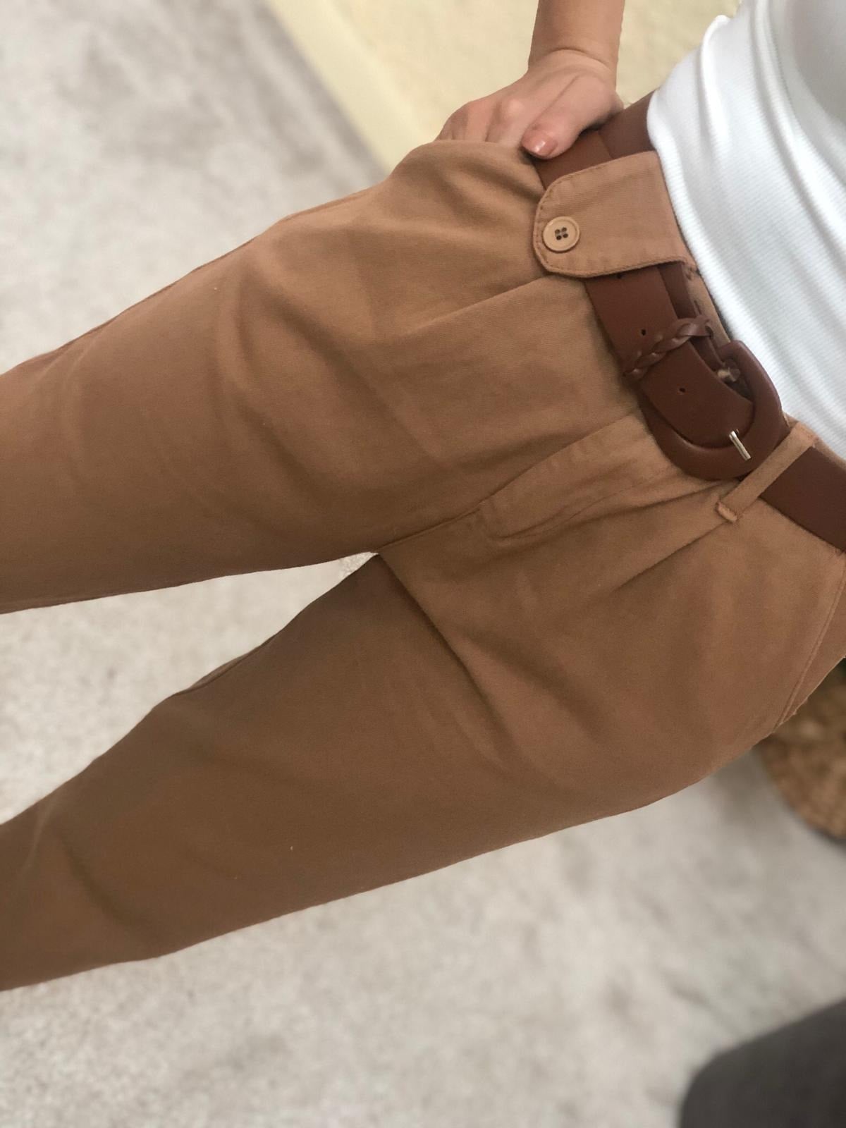 Kemerli Canvas Pantolon-Camel