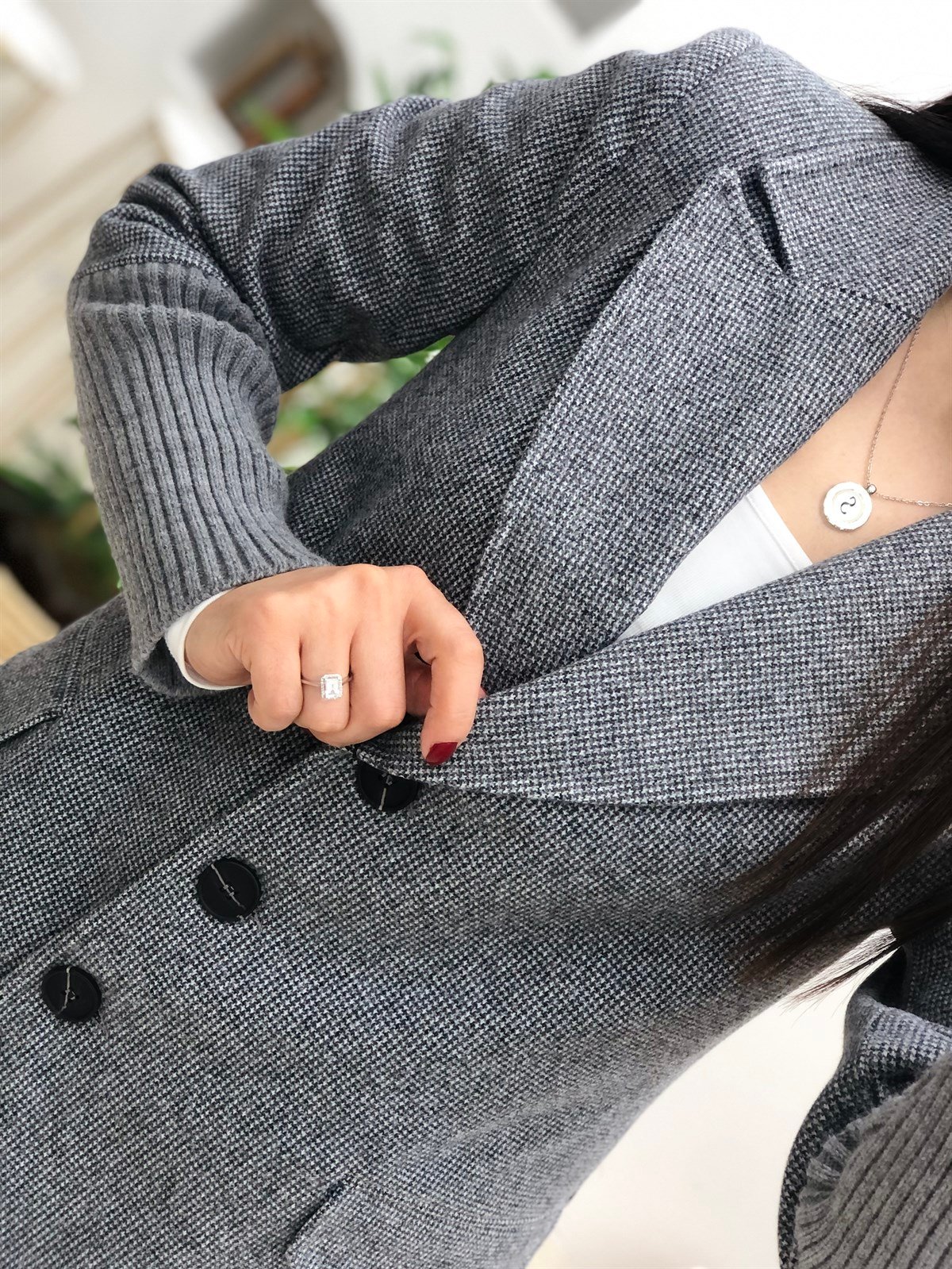 Kolları Triko Detaylı Düğmeli Vatkalı Ceket-Antrasit