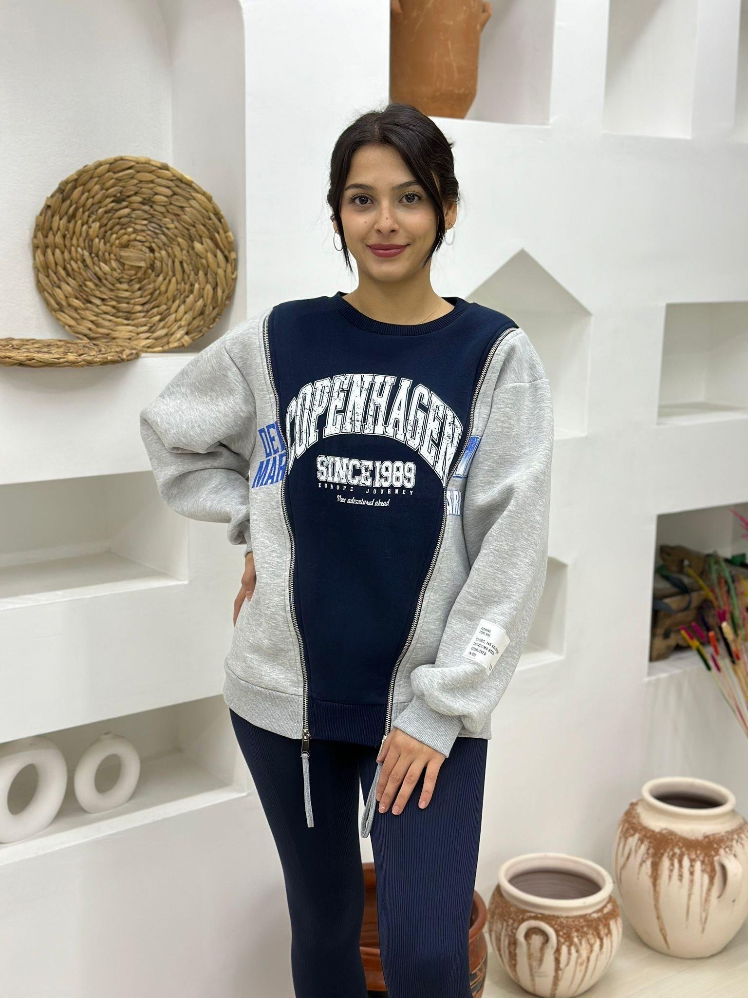 Önü Fermuar Detaylı İçi Şardonlu Üç İplik Yazılı Baskılı Sweatshirt-Gri