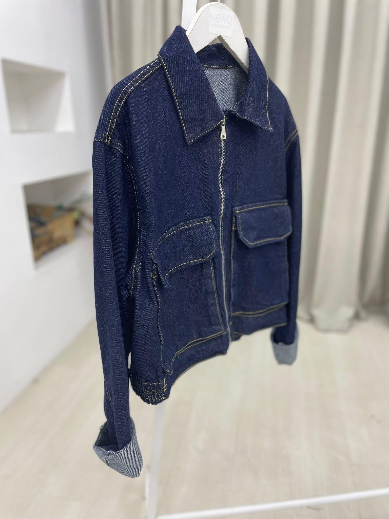Önü Fermuarlı Yakalı Denim Ceket-Lacivert