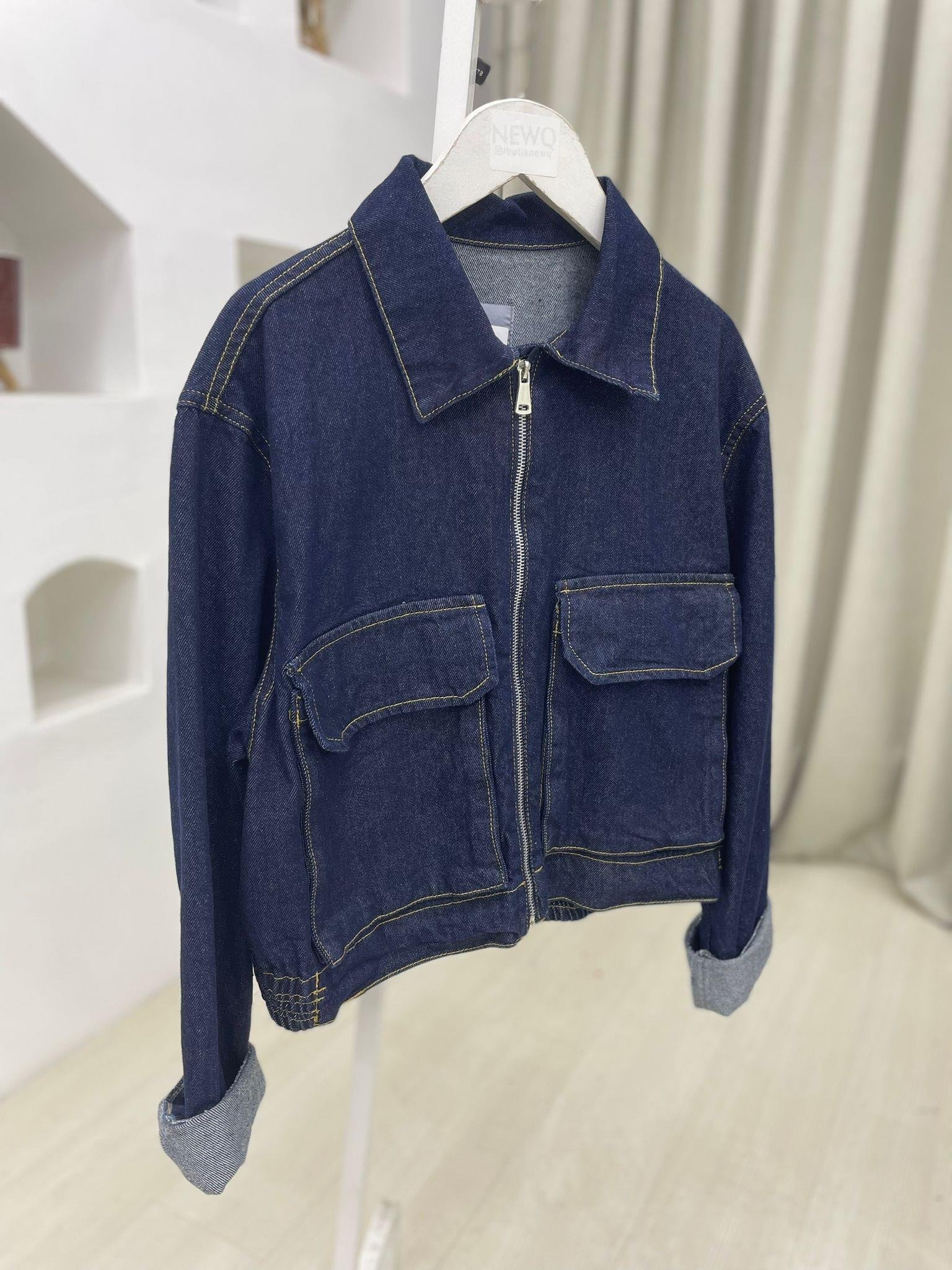 Önü Fermuarlı Yakalı Denim Ceket-Lacivert