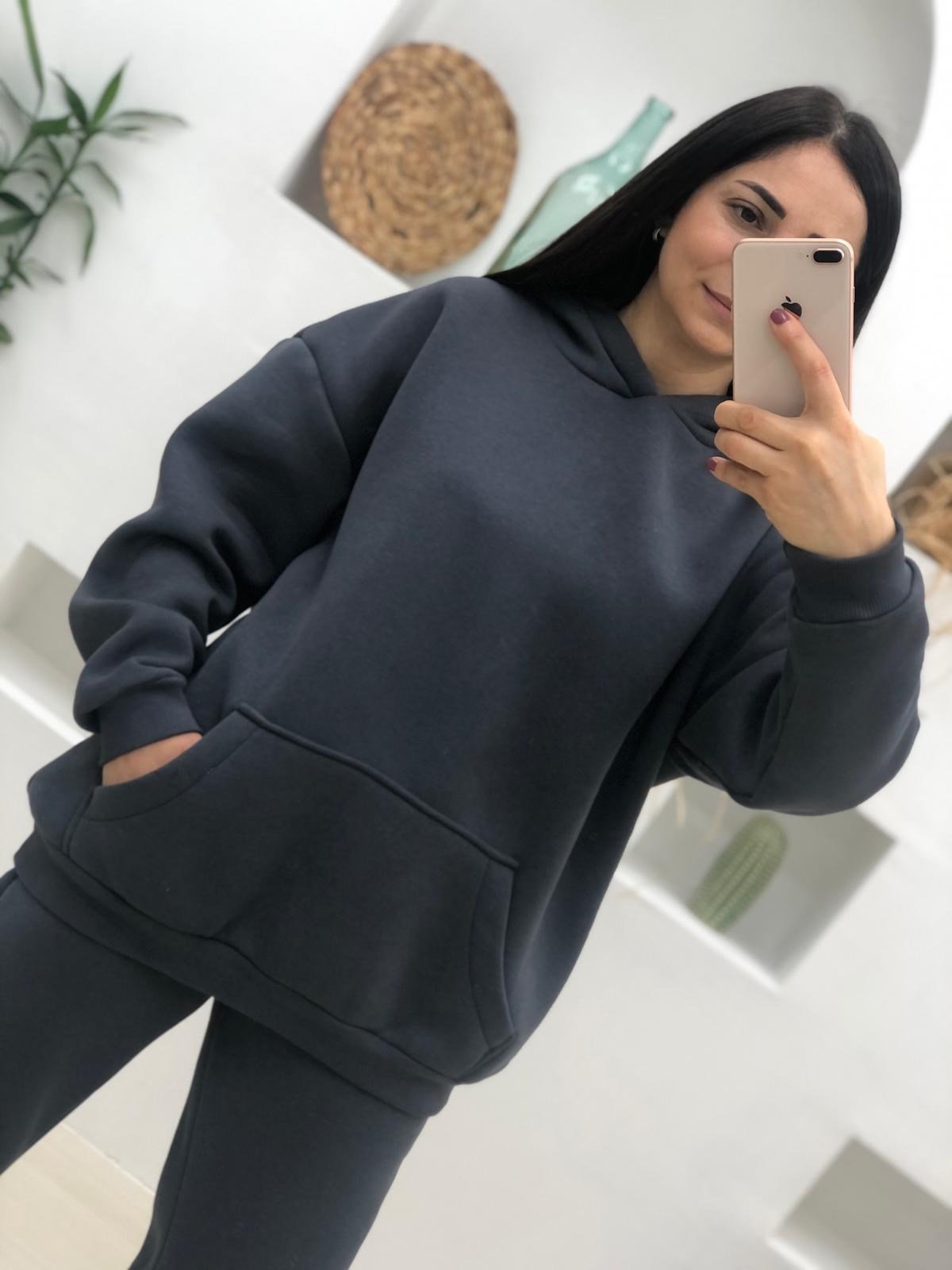 Oversize Cepli Kalın Kumaş Kapüşonlu Takım-Füme