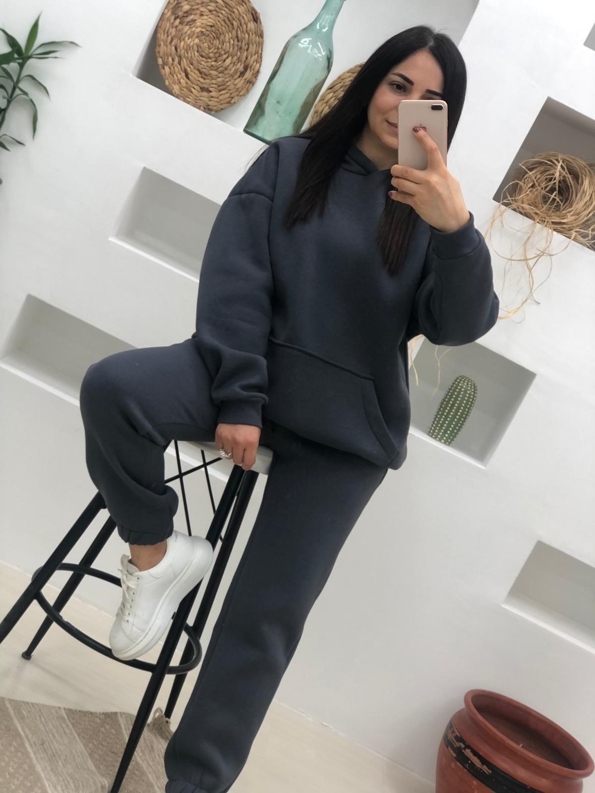 Oversize Cepli Kalın Kumaş Kapüşonlu Takım-Füme