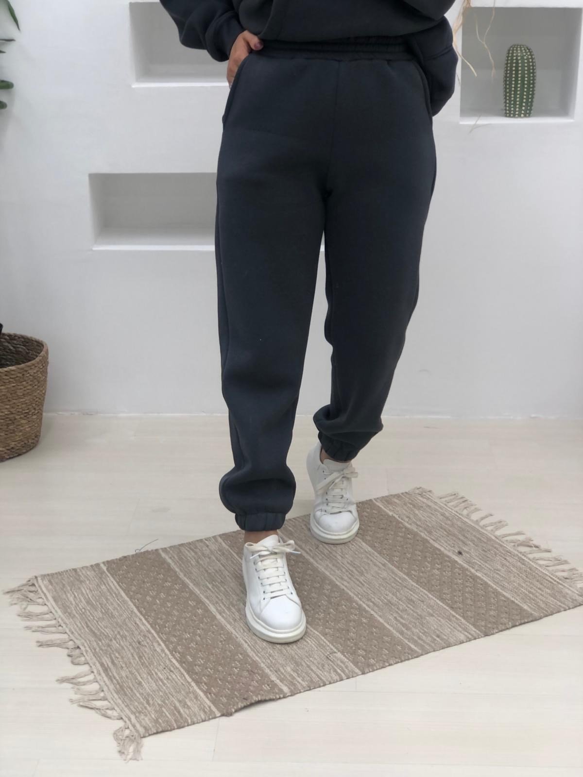 Oversize Cepli Kalın Kumaş Kapüşonlu Takım-Füme