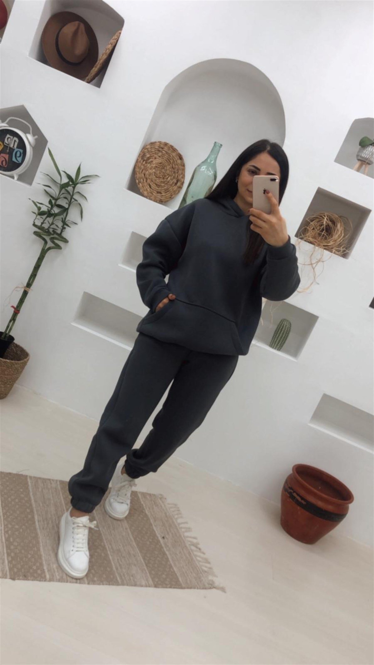 Oversize Cepli Kalın Kumaş Kapüşonlu Takım-Füme