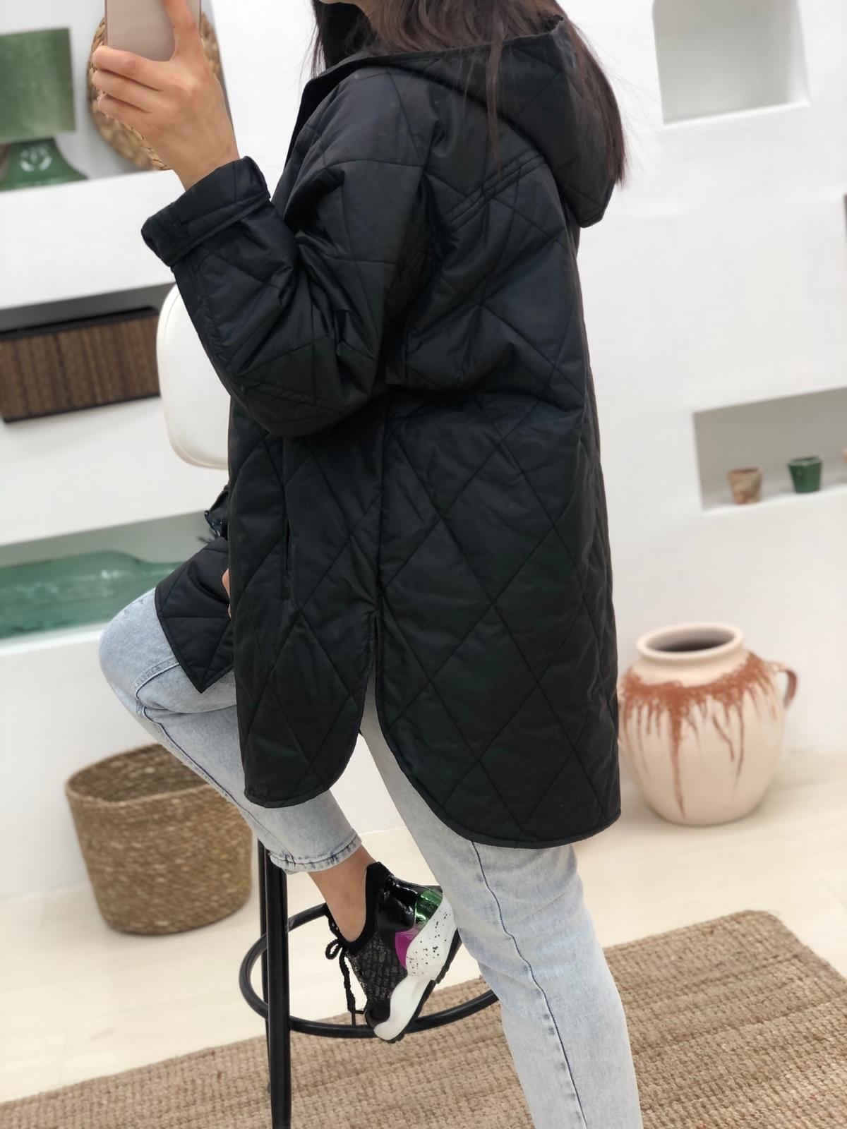 Oversize Cıtcıtlı Kapüşonlu Yağmurluk-Siyah