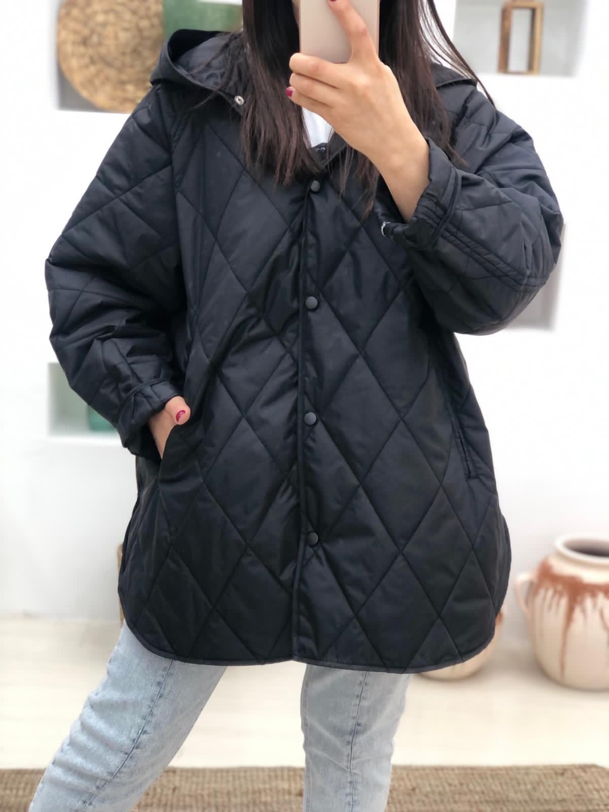Oversize Cıtcıtlı Kapüşonlu Yağmurluk-Siyah