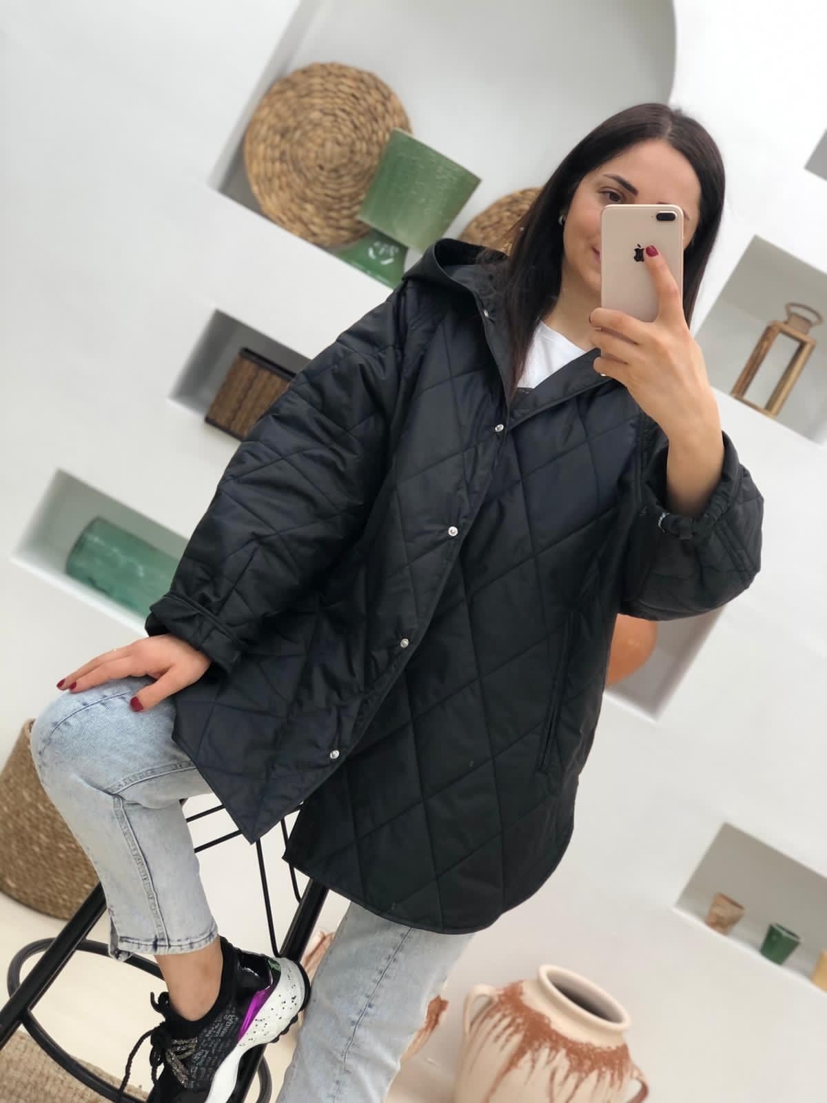 Oversize Cıtcıtlı Kapüşonlu Yağmurluk-Siyah