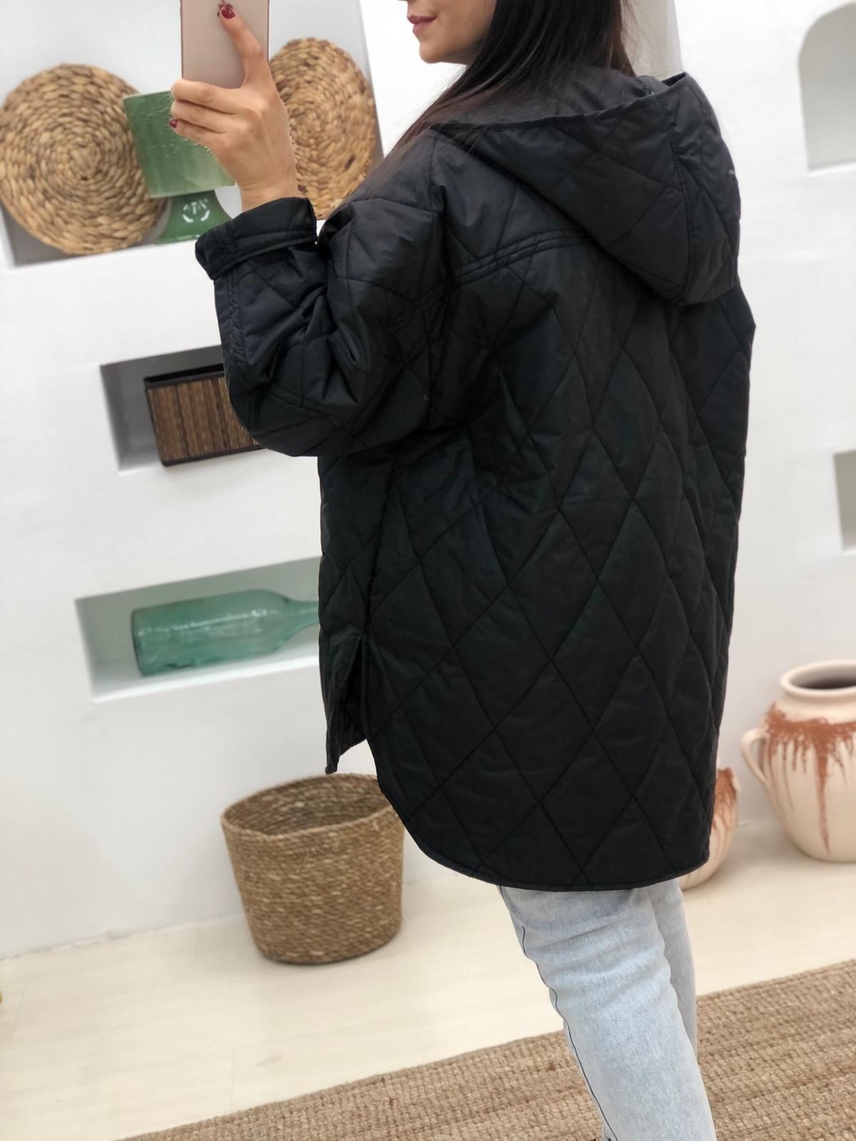 Oversize Cıtcıtlı Kapüşonlu Yağmurluk-Siyah