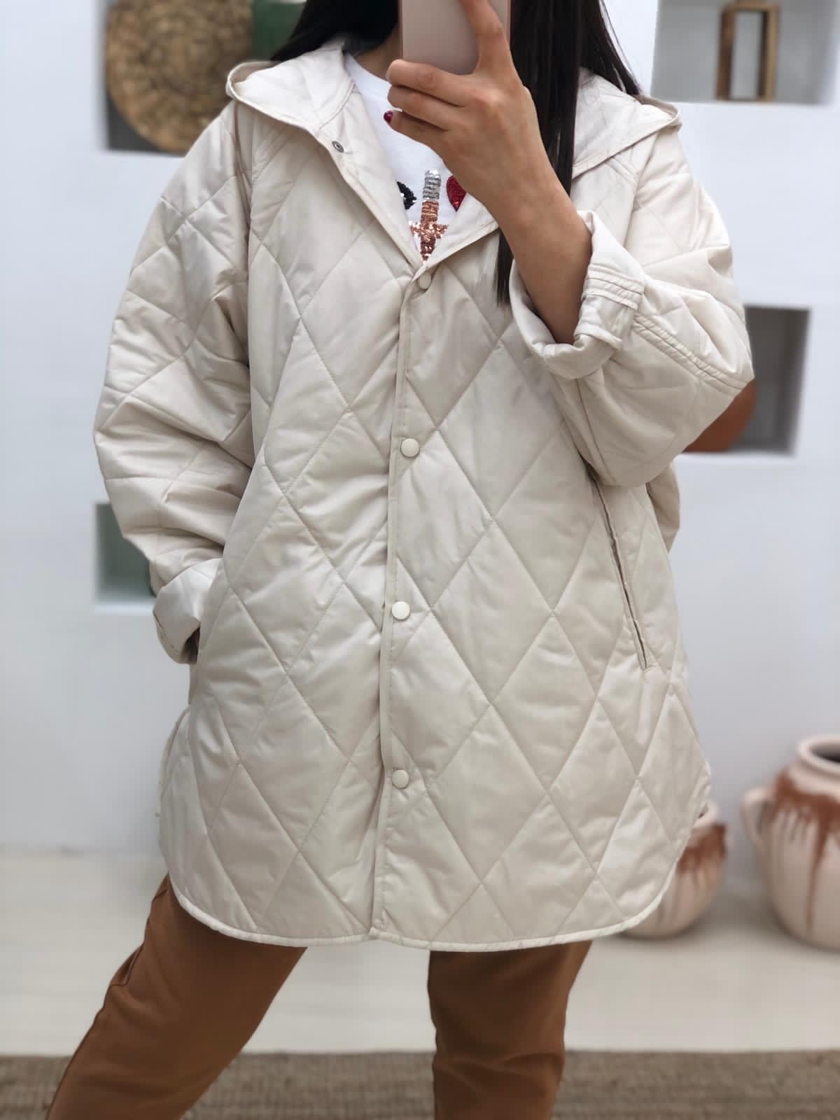 Oversize Cıtcıtlı Kapüşonlu Yağmurluk-Bej