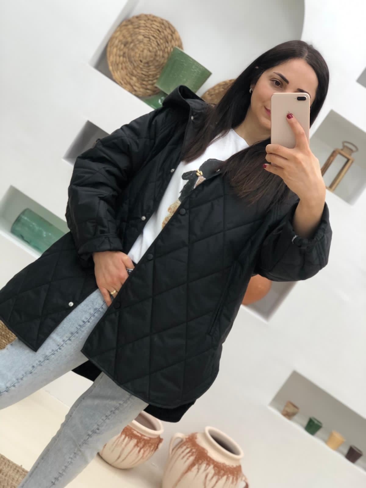 Oversize Cıtcıtlı Kapüşonlu Yağmurluk-Siyah