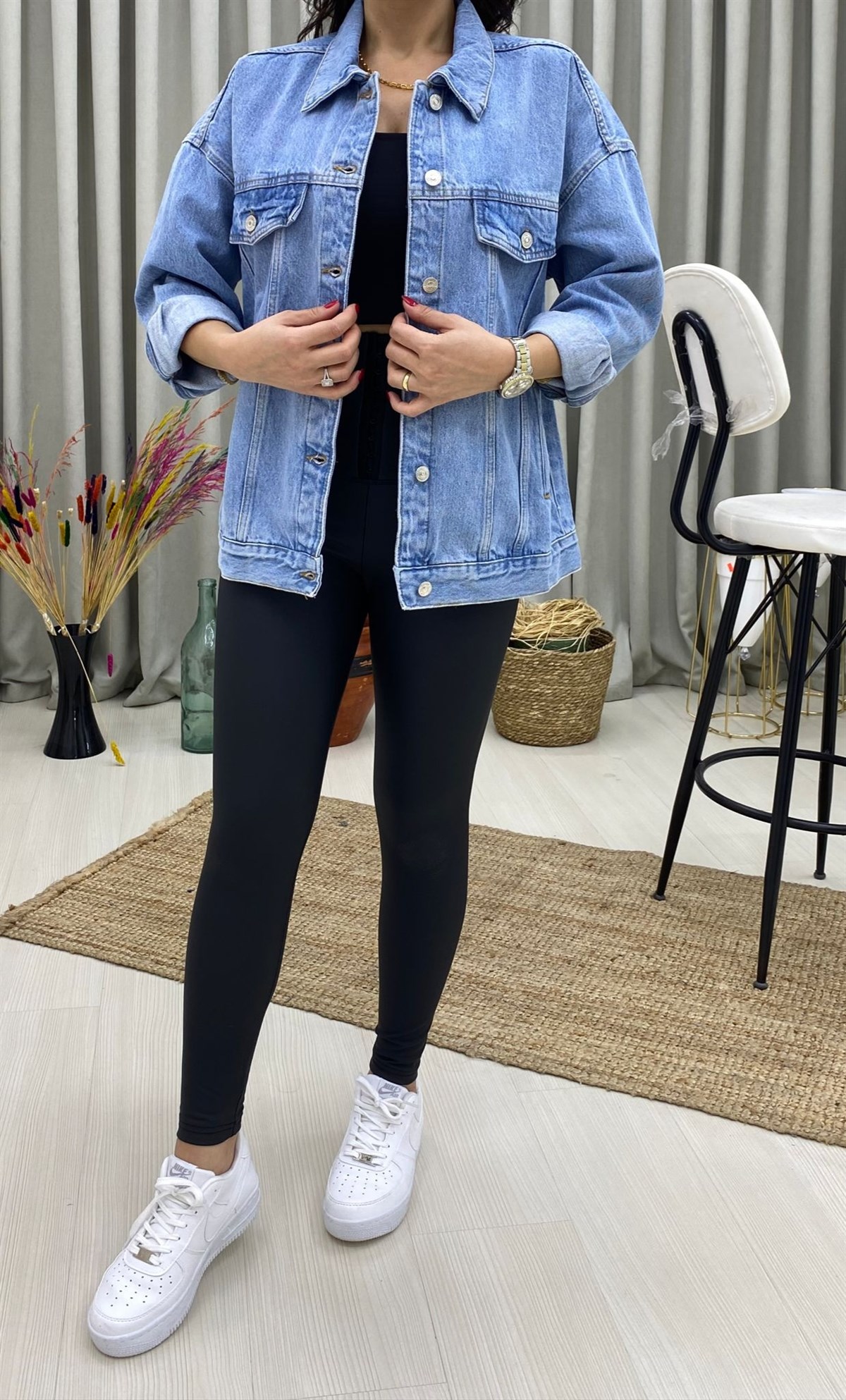 Oversize Düğmeli Orjinal Marka Denim Ceket-Mavi