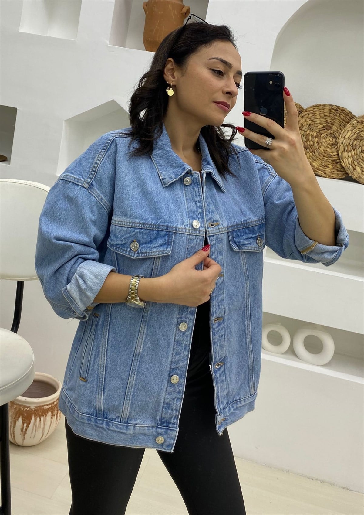 Oversize Düğmeli Orjinal Marka Denim Ceket-Mavi