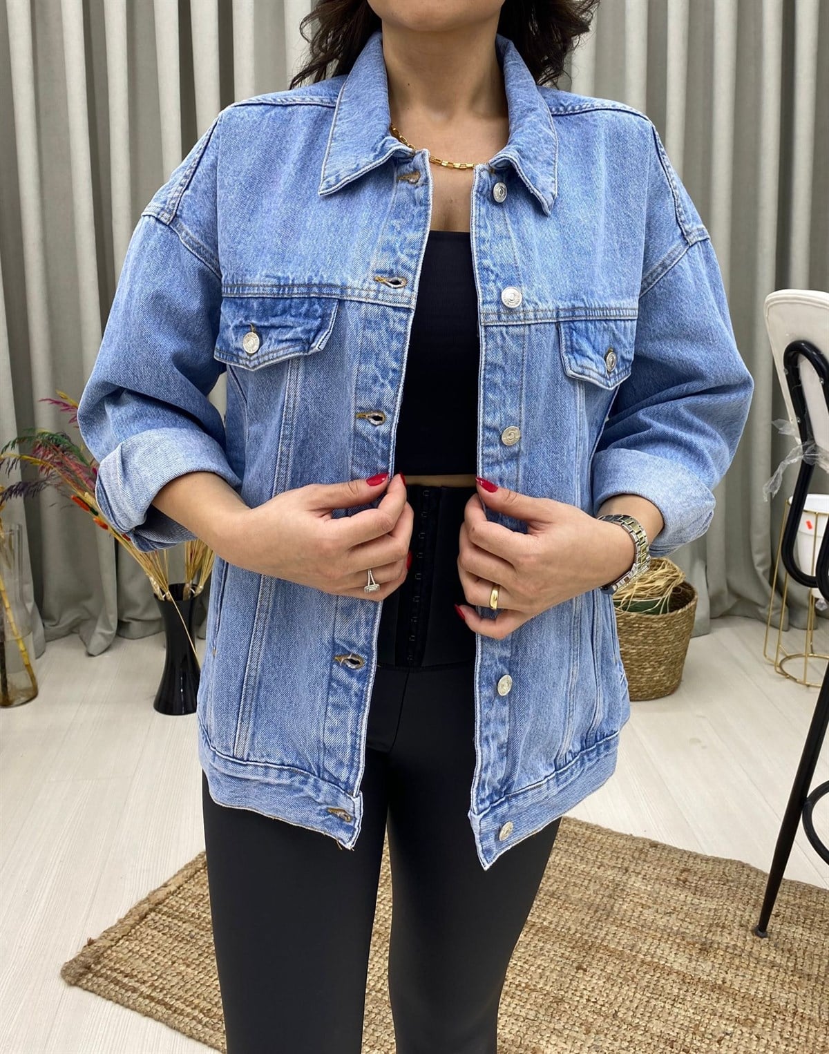 Oversize Düğmeli Orjinal Marka Denim Ceket-Mavi