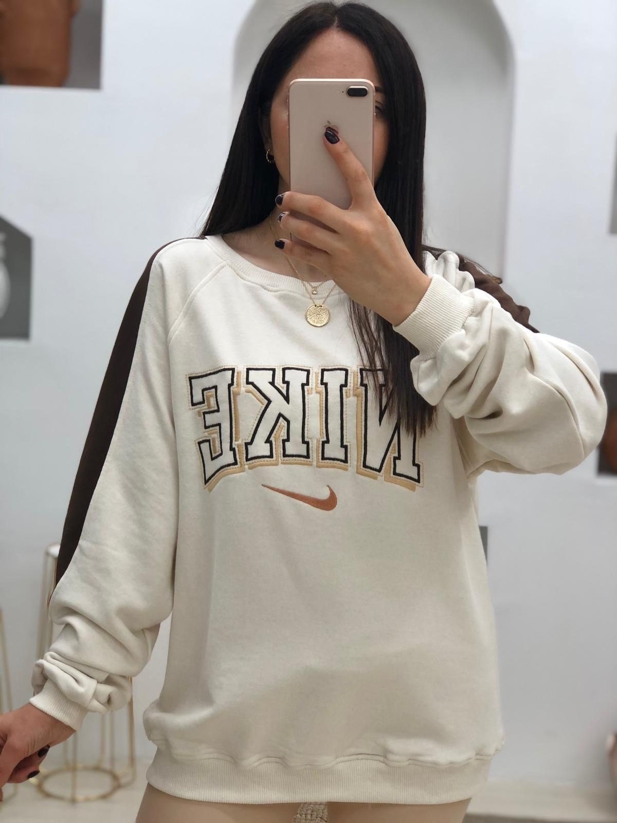 Oversize Salaş İki Renkli Sweatshşrt-Bej-Kahve