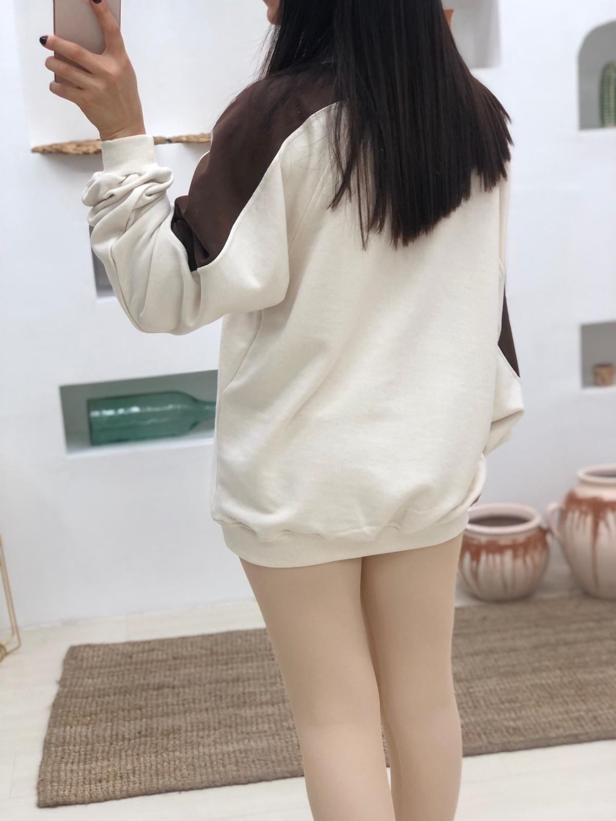 Oversize Salaş İki Renkli Sweatshşrt-Bej-Kahve