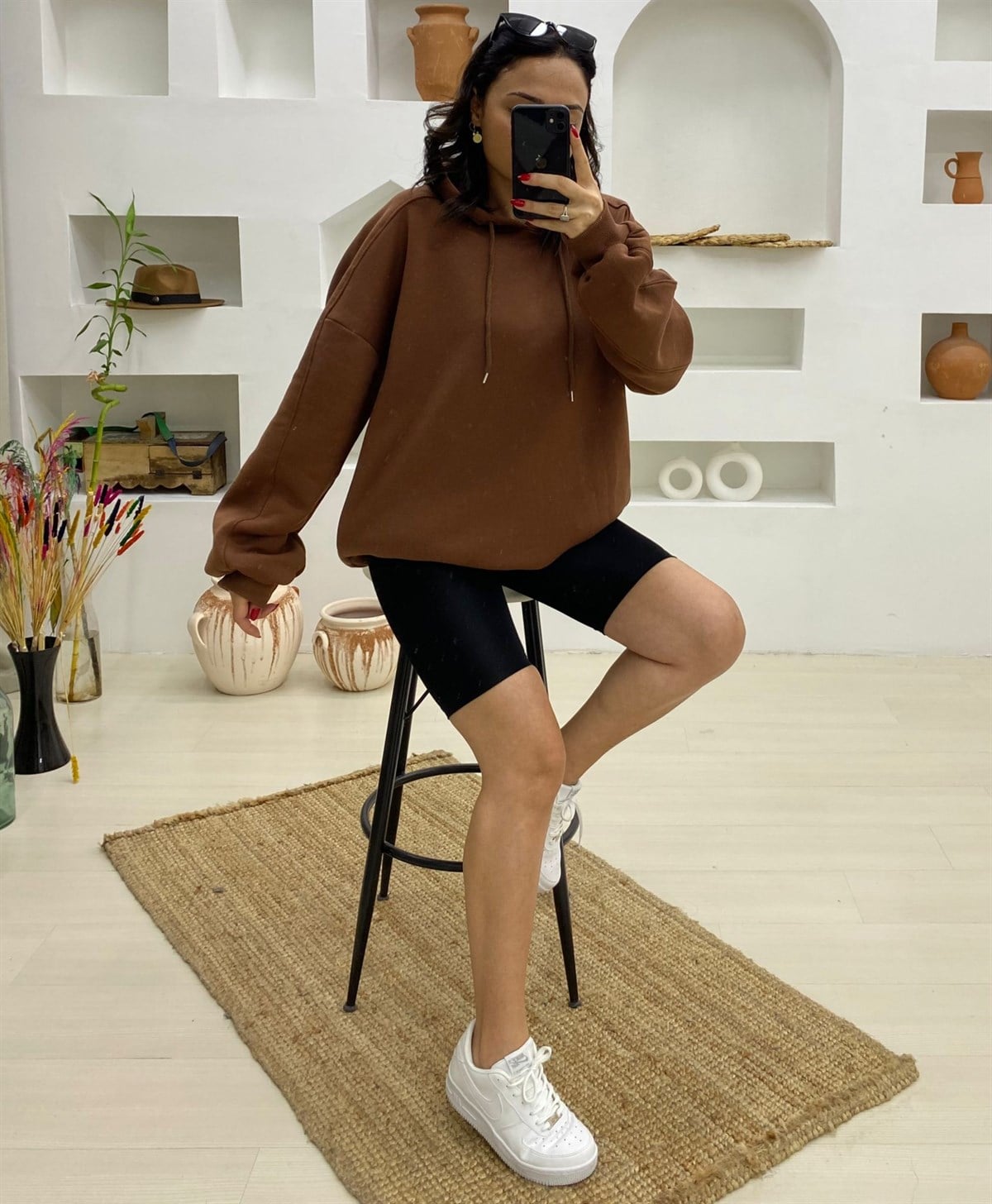 Salaş Kapüşonlu Oversize Sweatshirt-Kahve