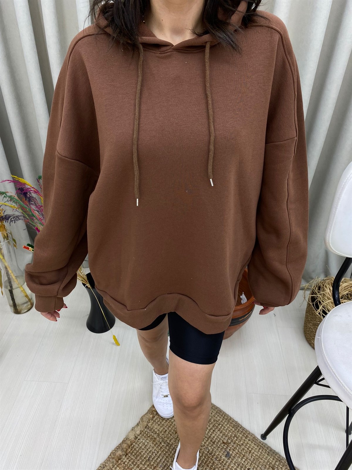 Salaş Kapüşonlu Oversize Sweatshirt-Kahve