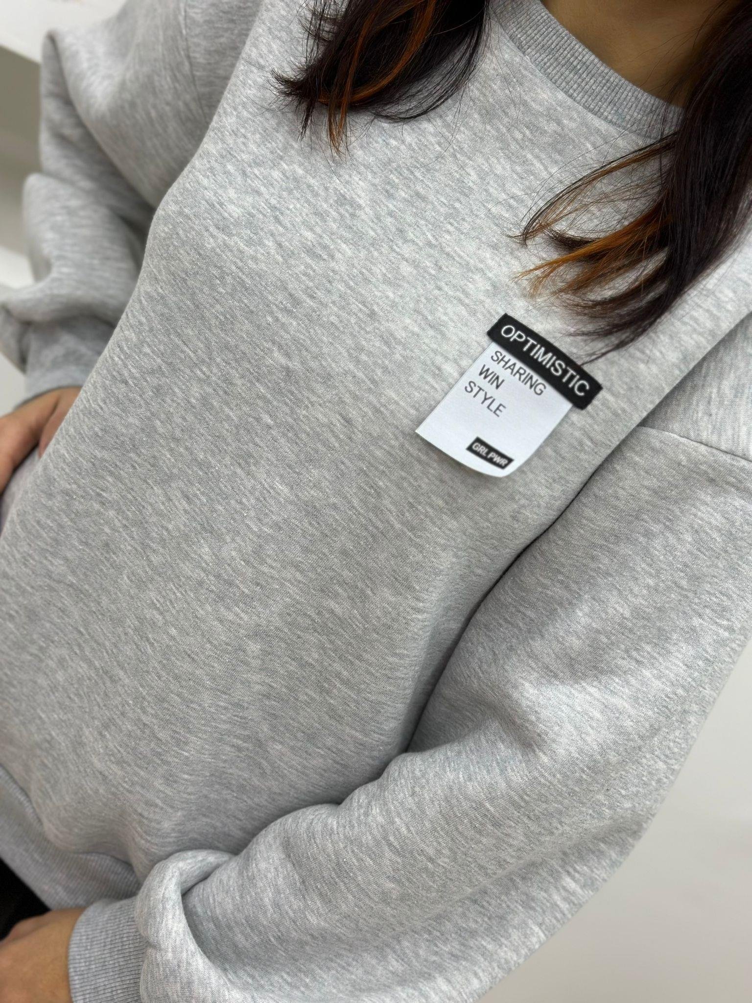 Sırtı Fermuarlı Ve Yazı Baskılı Üç İplik İçi Şardonlu Oversize Sweatshirt-Gri