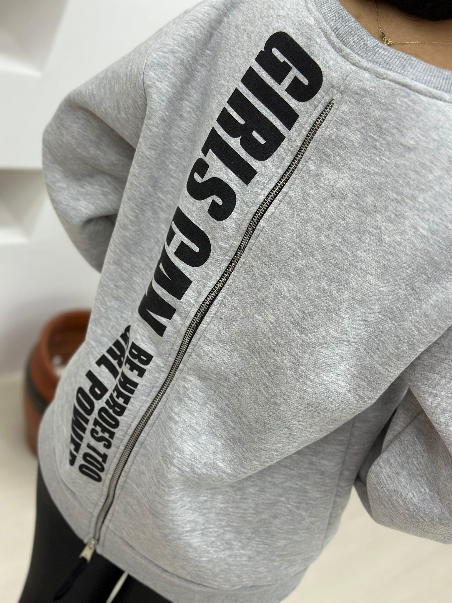Sırtı Fermuarlı Ve Yazı Baskılı Üç İplik İçi Şardonlu Oversize Sweatshirt-Gri