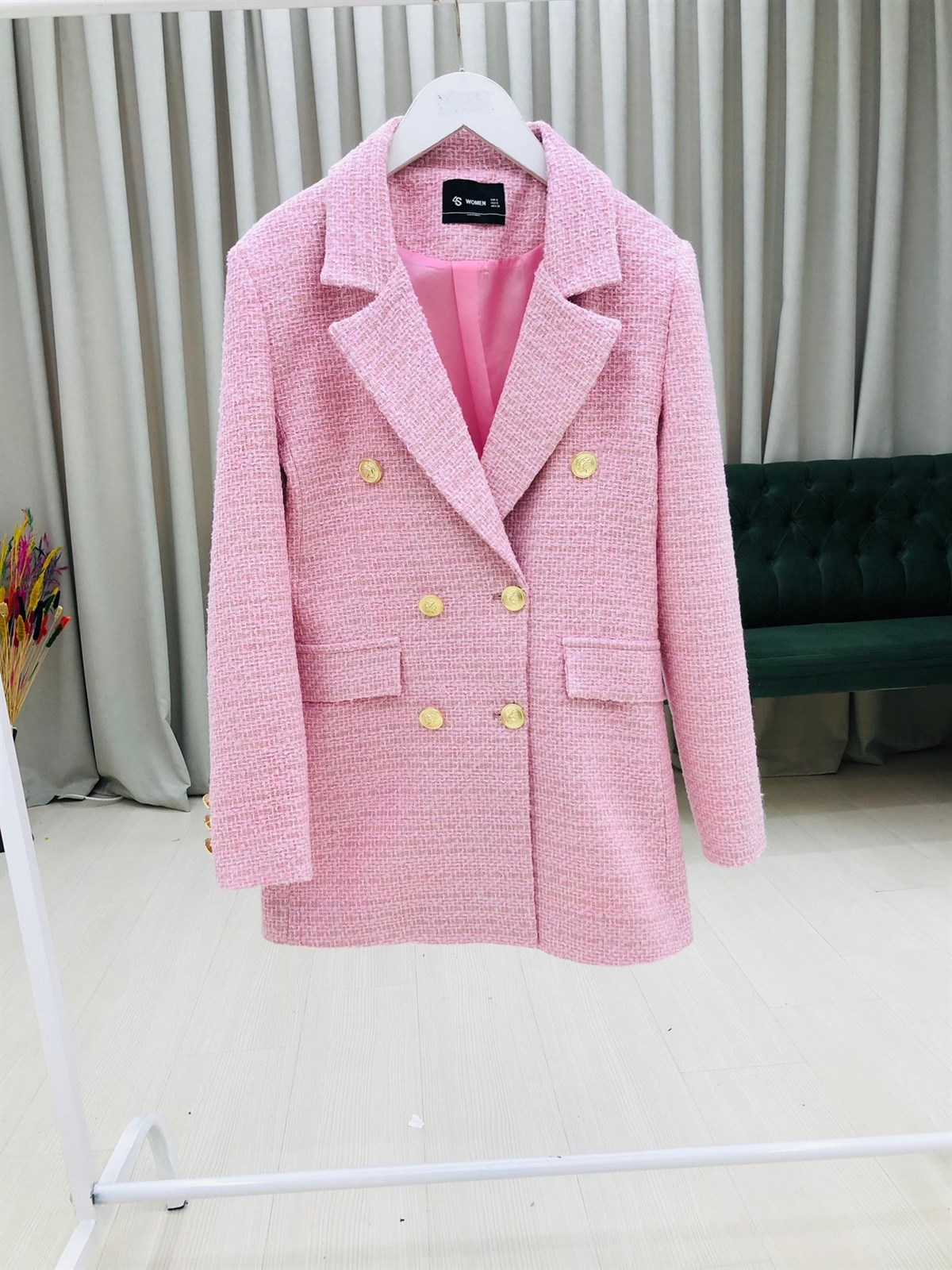 Tüvit Kumaş Kruvaze Yaka Düğmeli Ceket-Pembe
