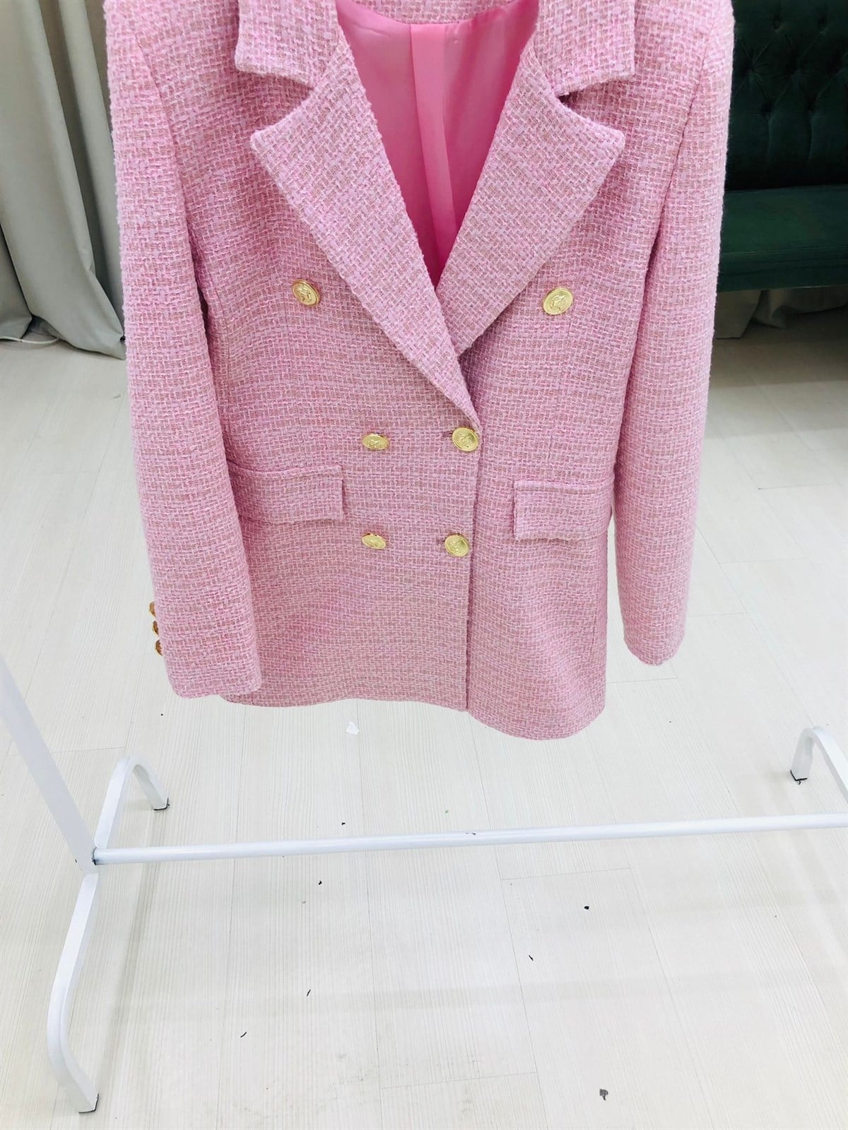 Tüvit Kumaş Kruvaze Yaka Düğmeli Ceket-Pembe