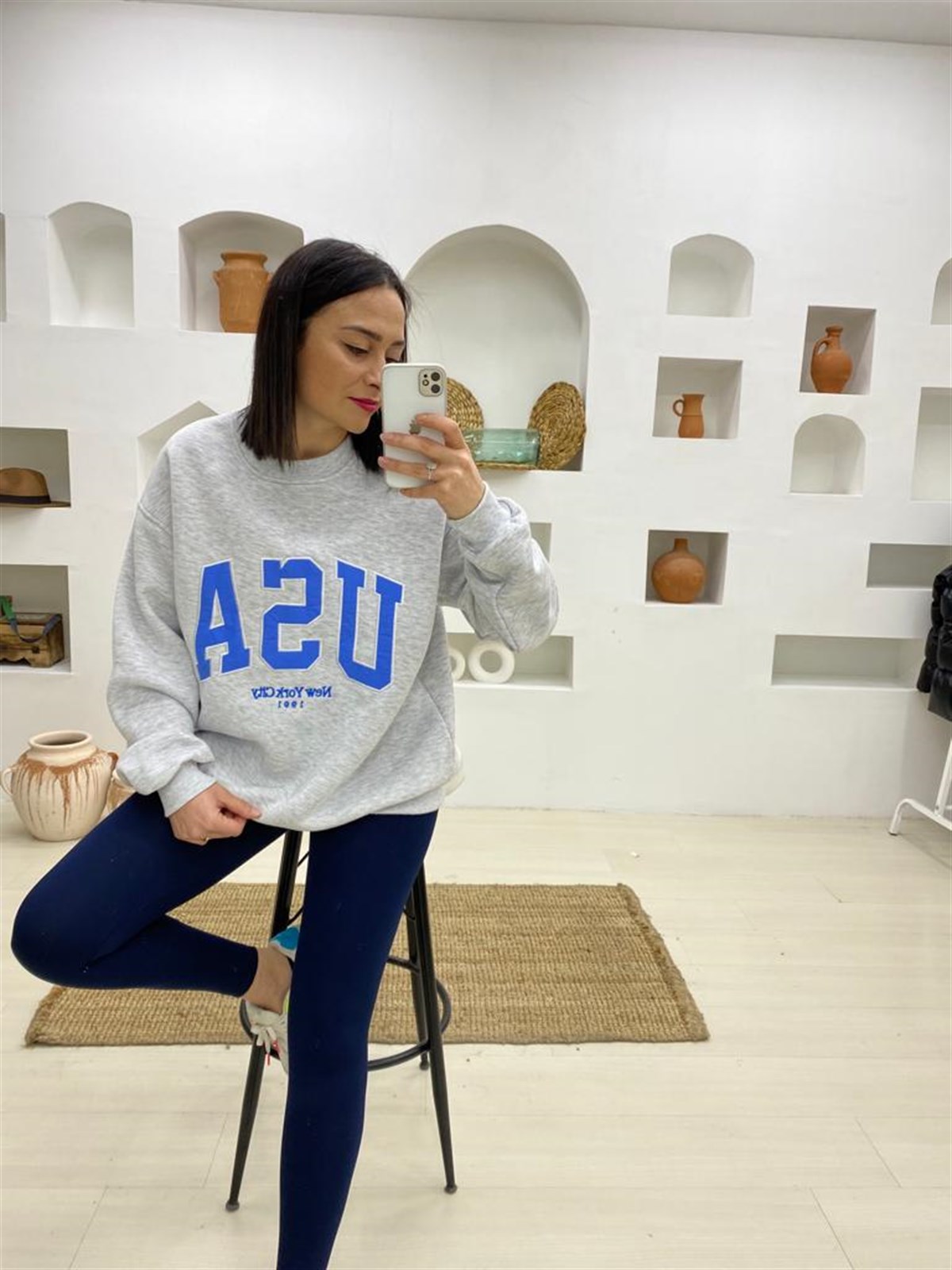 USA Yazılı Oversize Salaş Sweatshirt-Gri