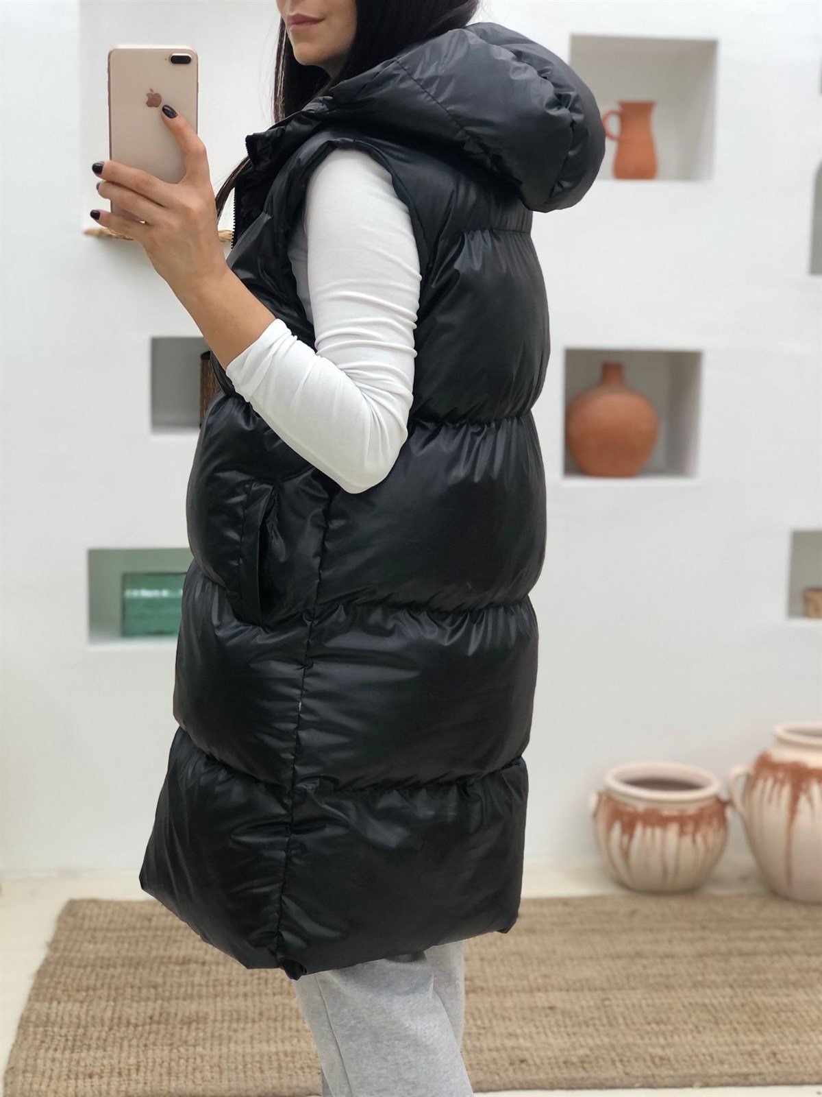 Uzun Şişme Yelek-Siyah