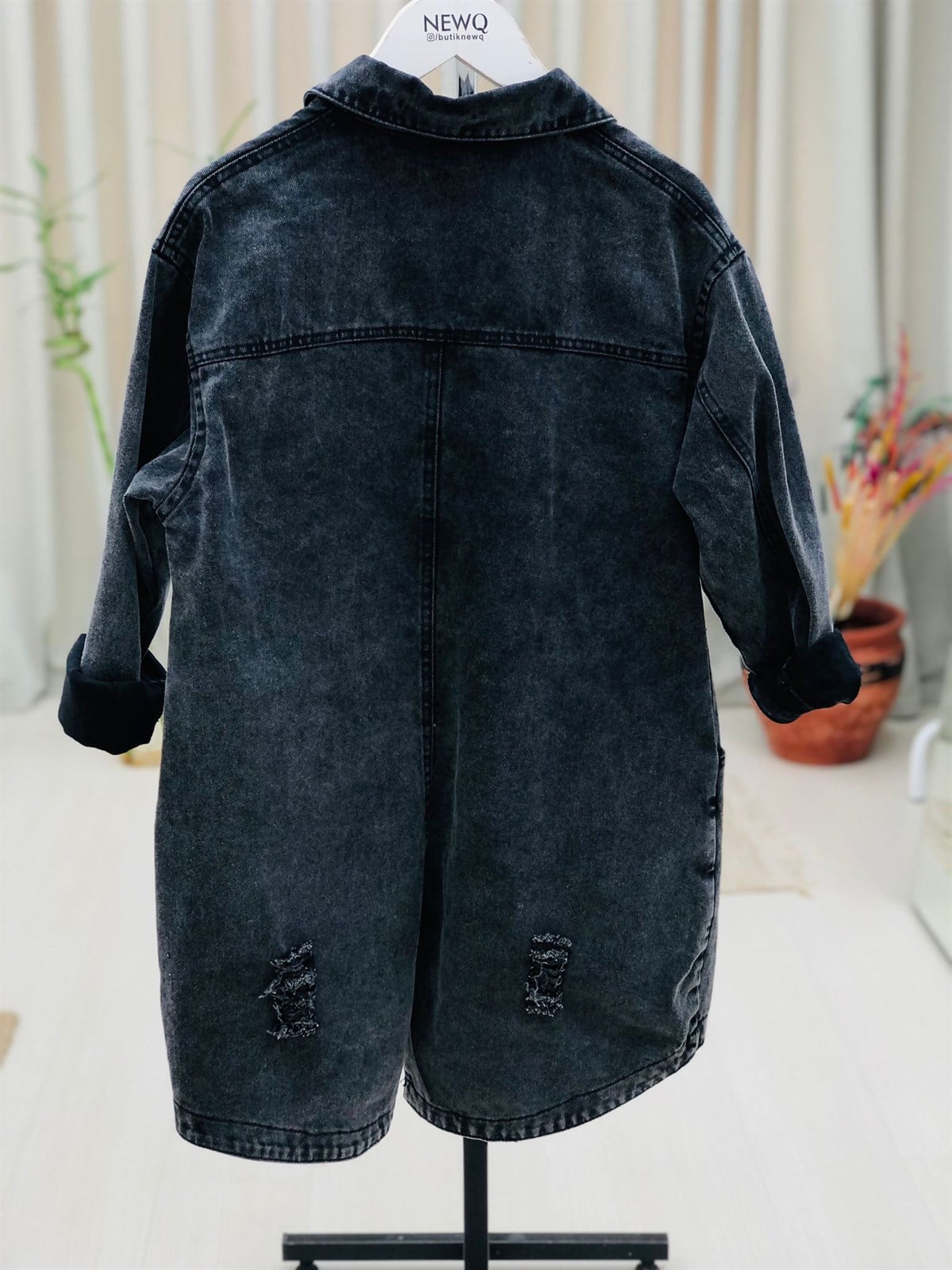 Uzun Yırtıklı Boyfrend Denim Ceket Gömlek-Füme