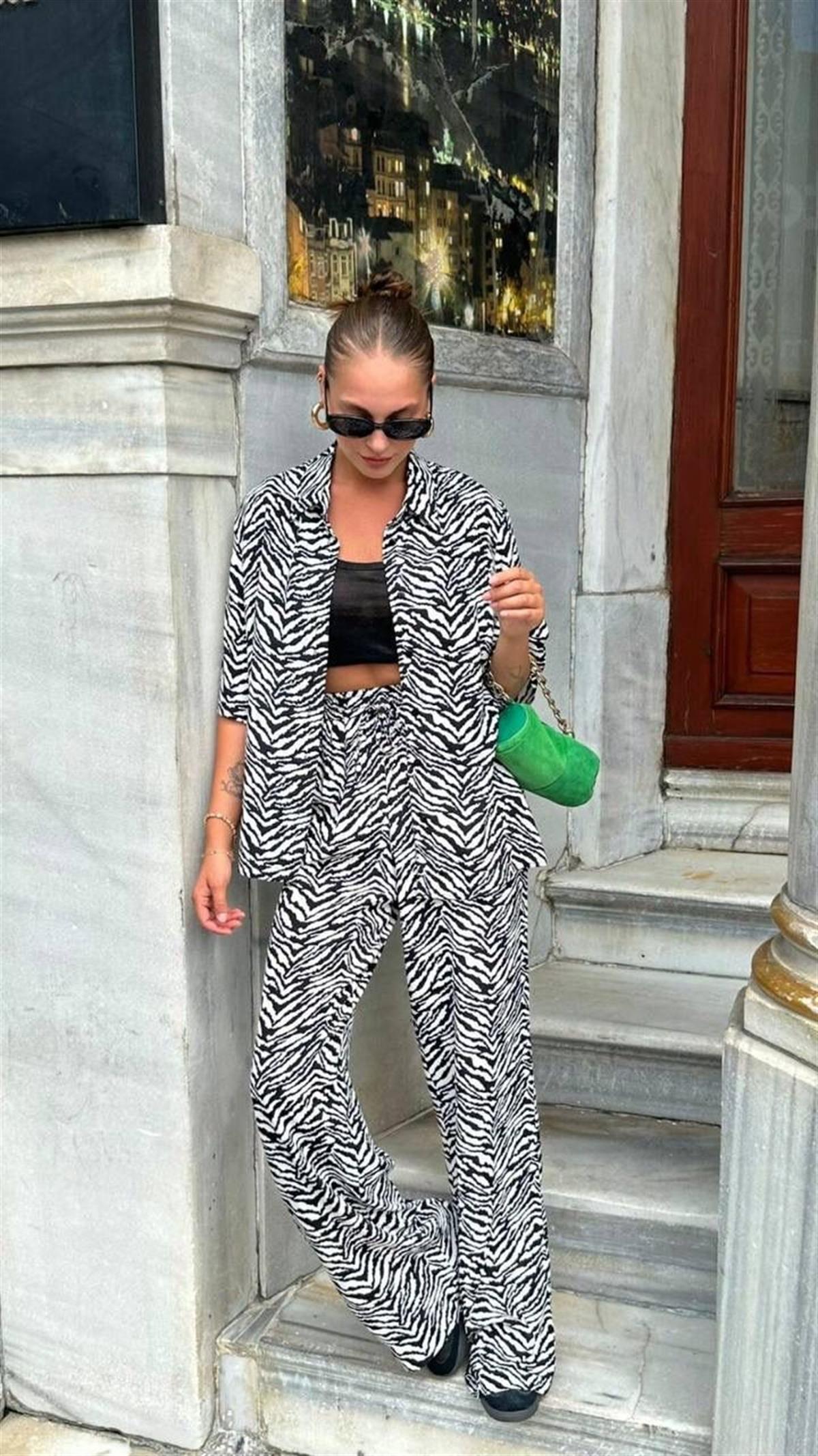 Zebra Desen Kısa Kollu Gömlekli Pantolonlu İkili Takım-Siyah