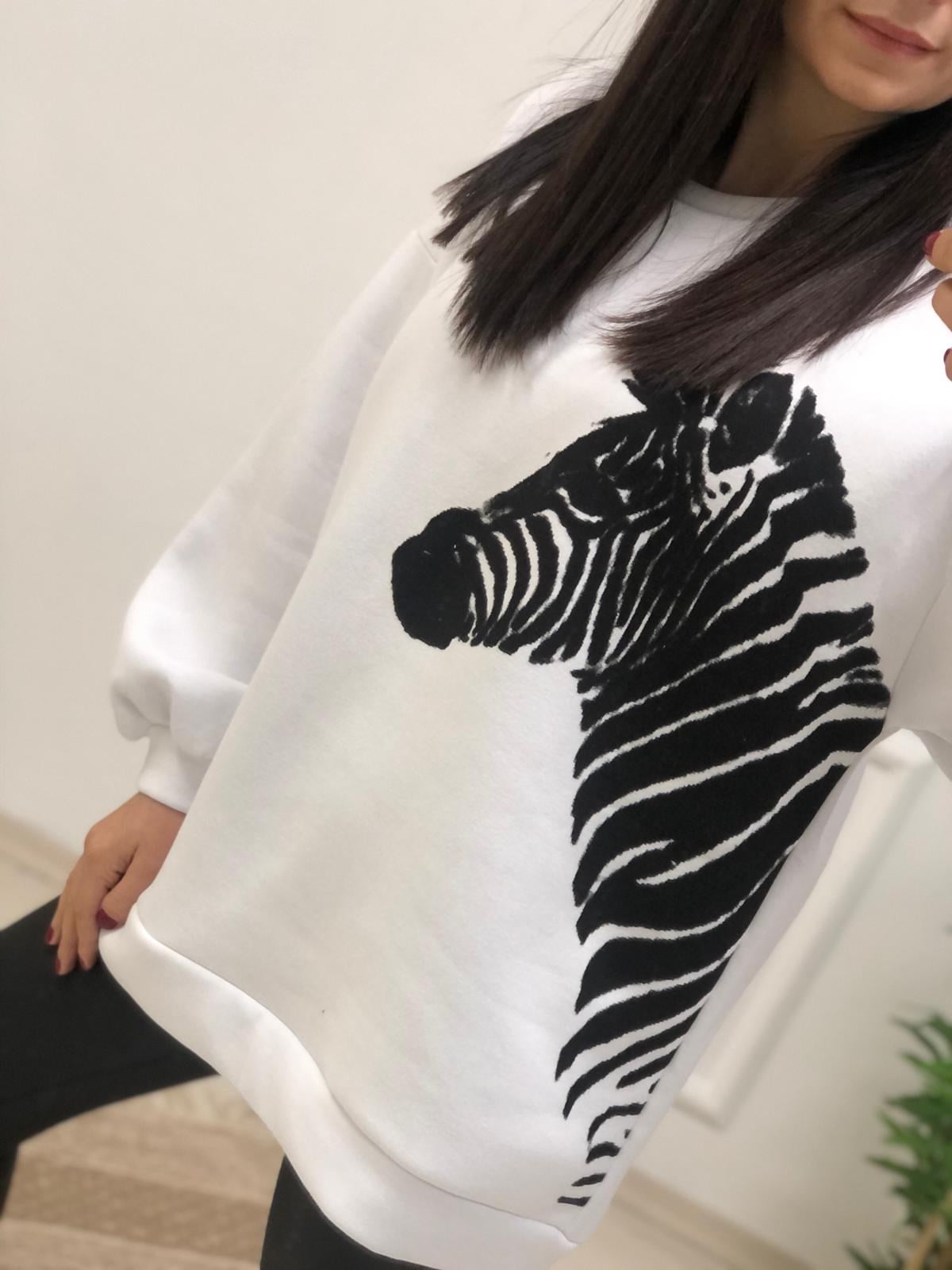 Zebra Desen Sweatshirt-Beyaz