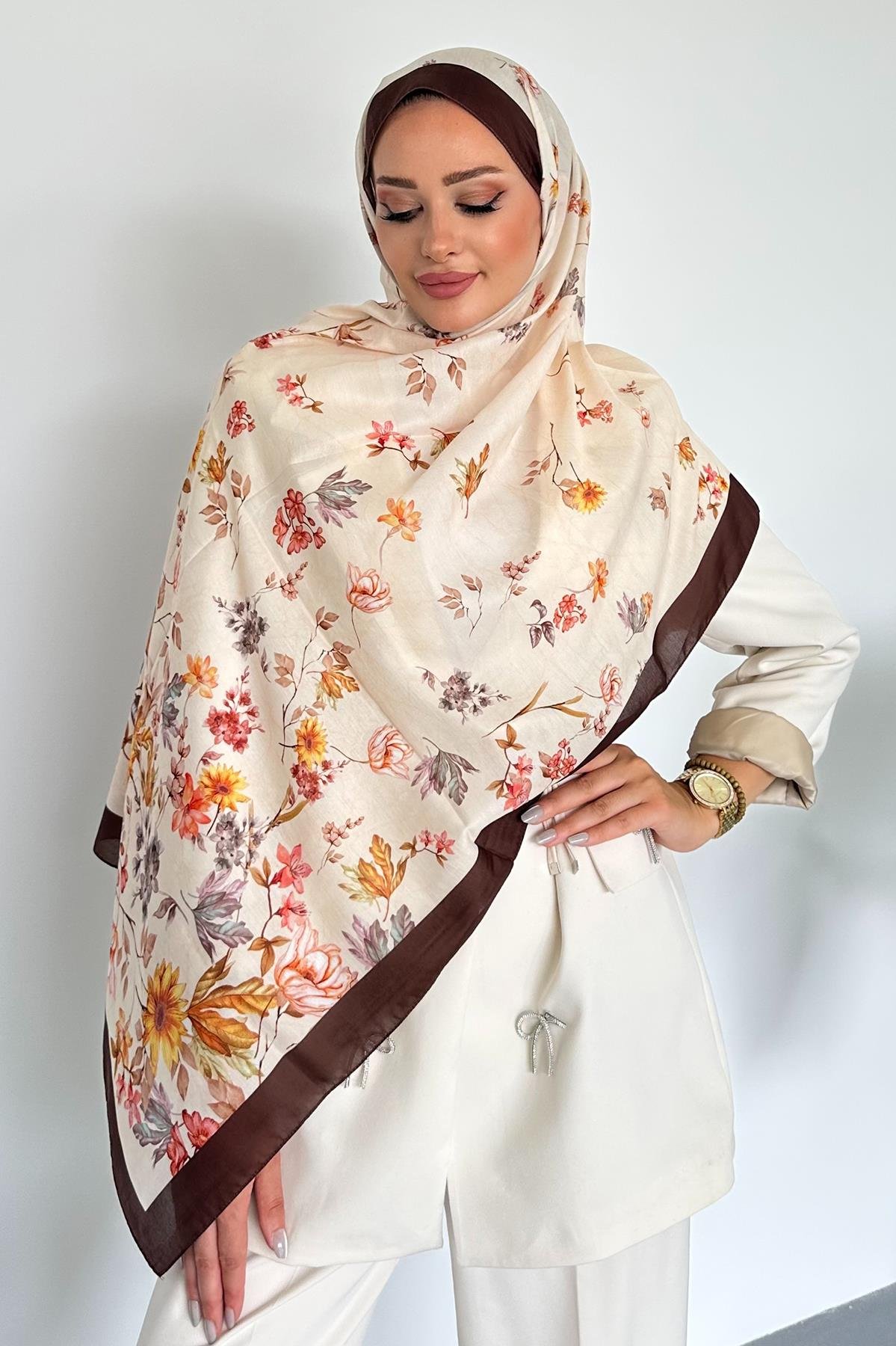  Flowers Çiçek Desenli Kahverengi Soft Pamuklu Şal